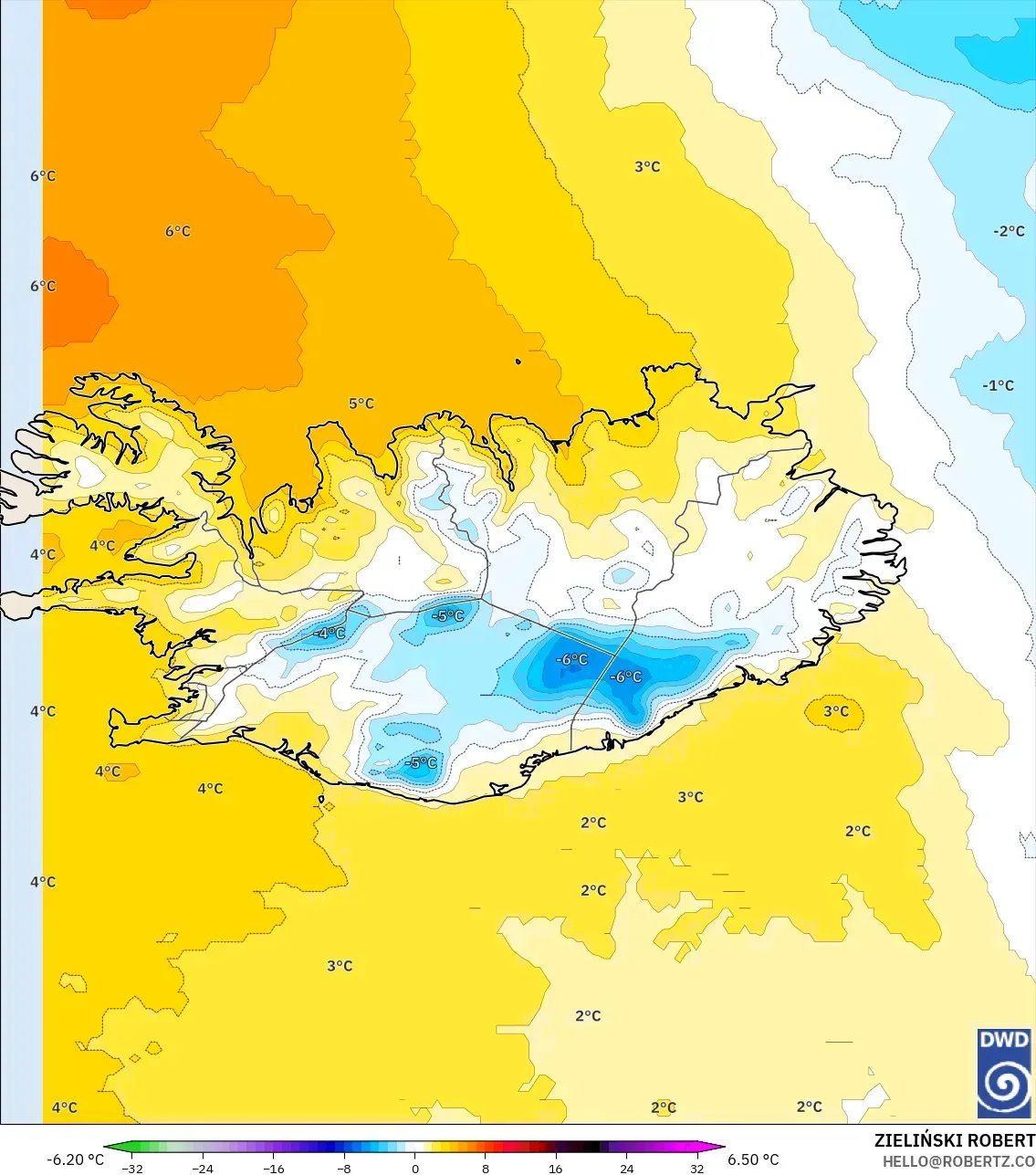 ICON modelo - Islandia, Anomalía de temperatura a 850 hPa