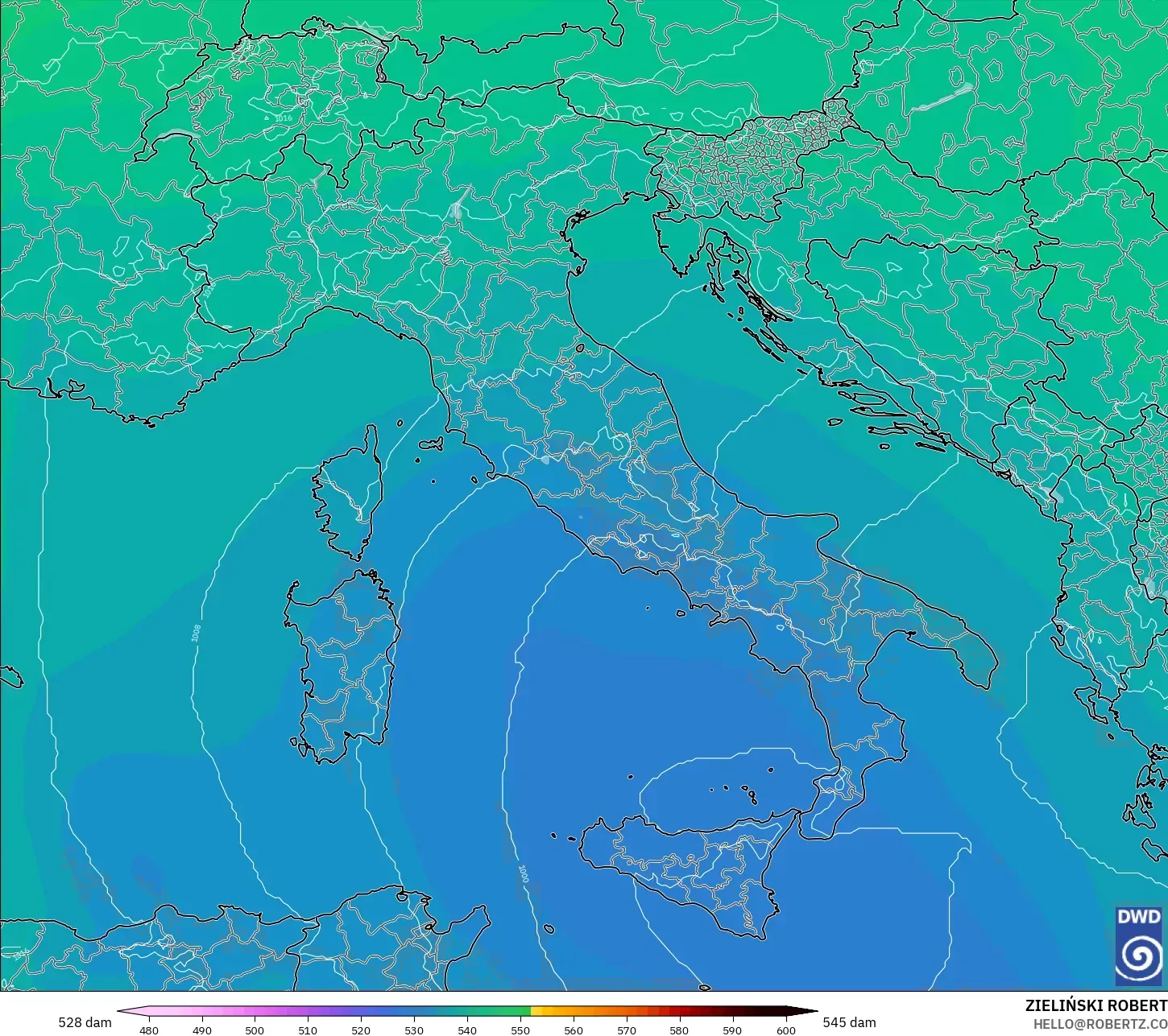 ICON modelo - Italia, Altura geopotencial a 500 hPa