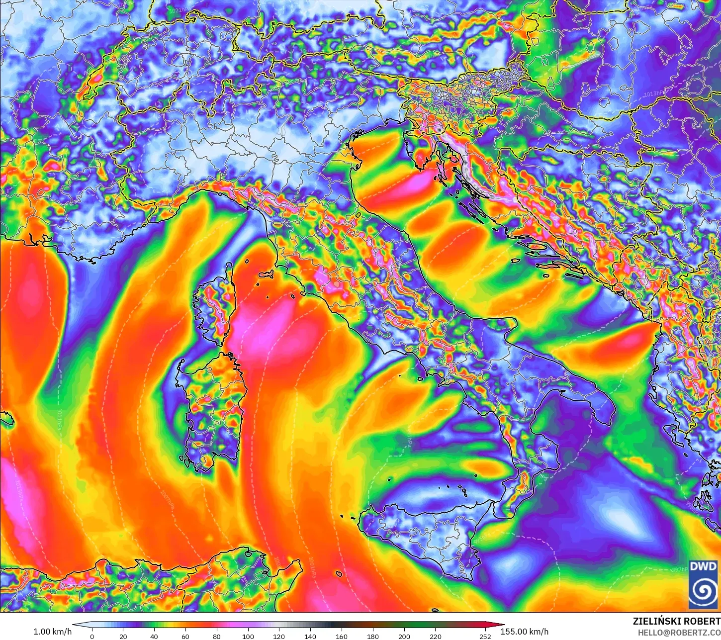 ICON modelo - Italia, Ráfagas de Viento Máximas