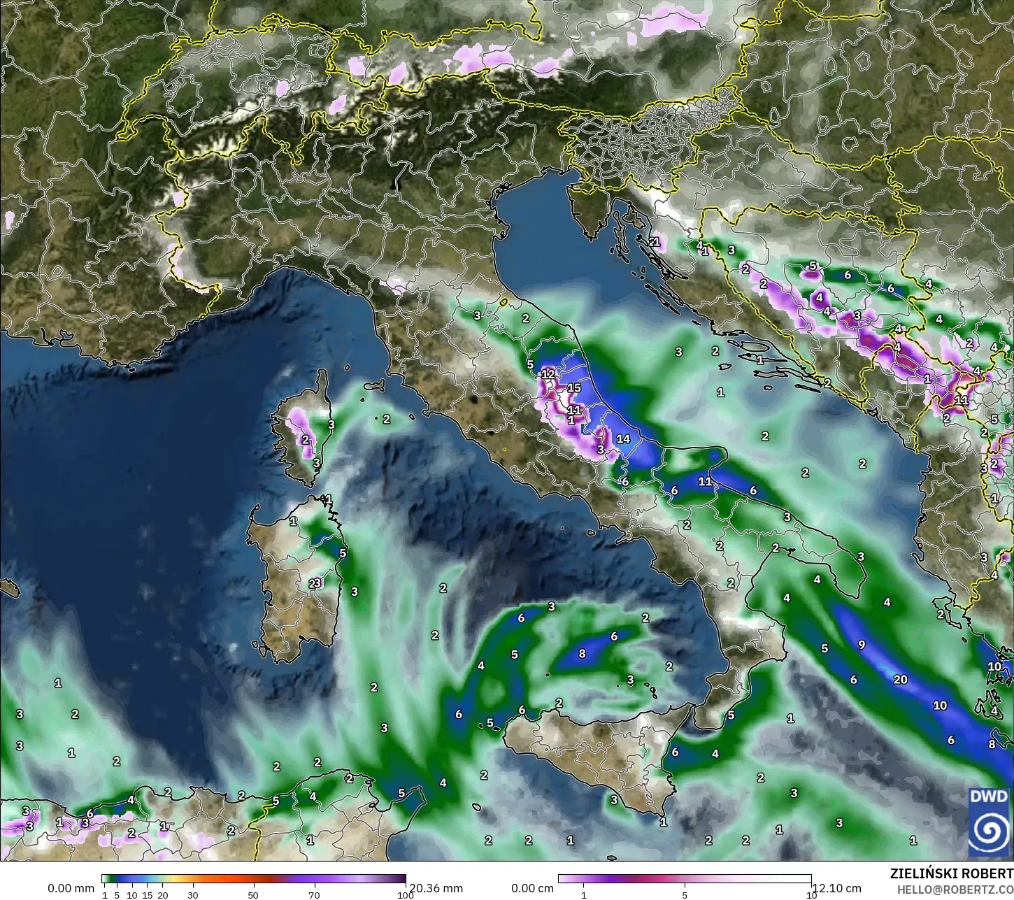 ICON modelo - Italia, Precipitación, nubes y presión