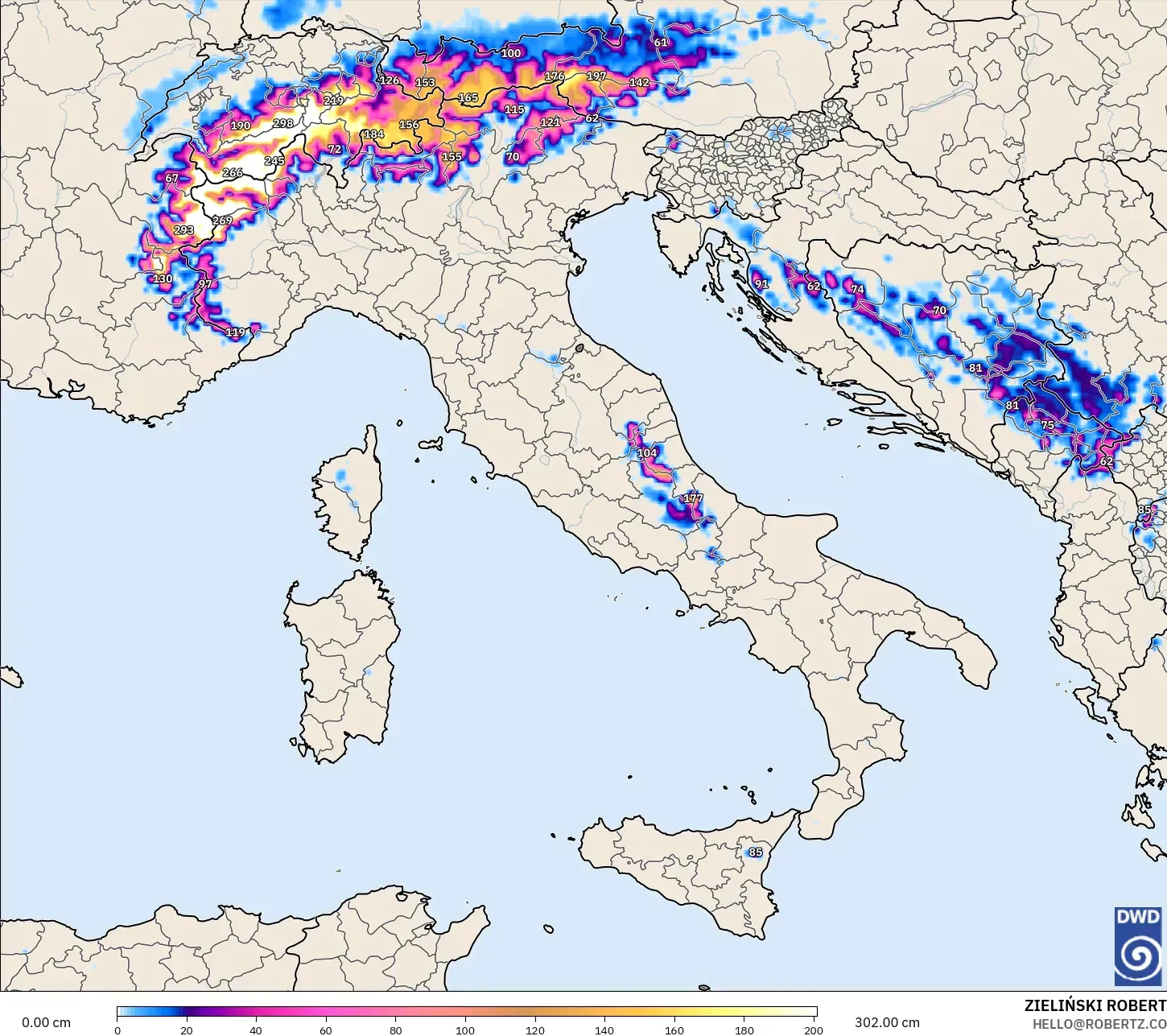 ICON modelo - Italia, Profundidad de nieve
