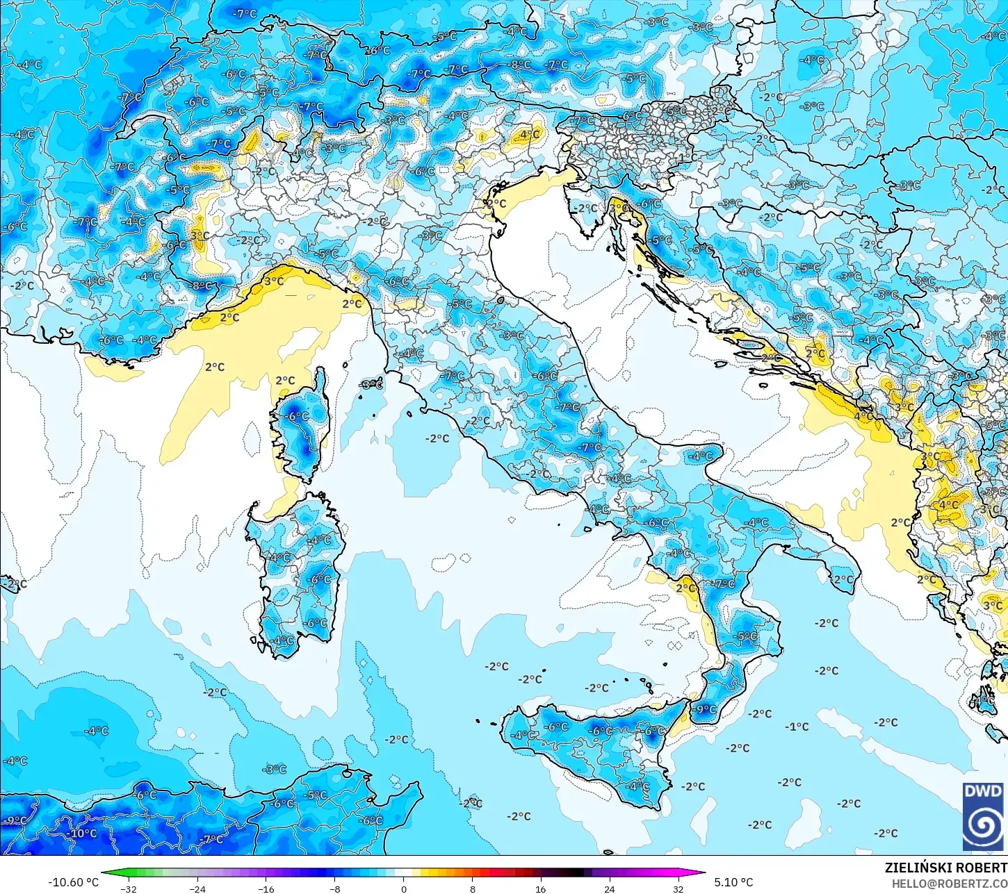ICON modelo - Italia, Anomalía de temperatura a 2 m