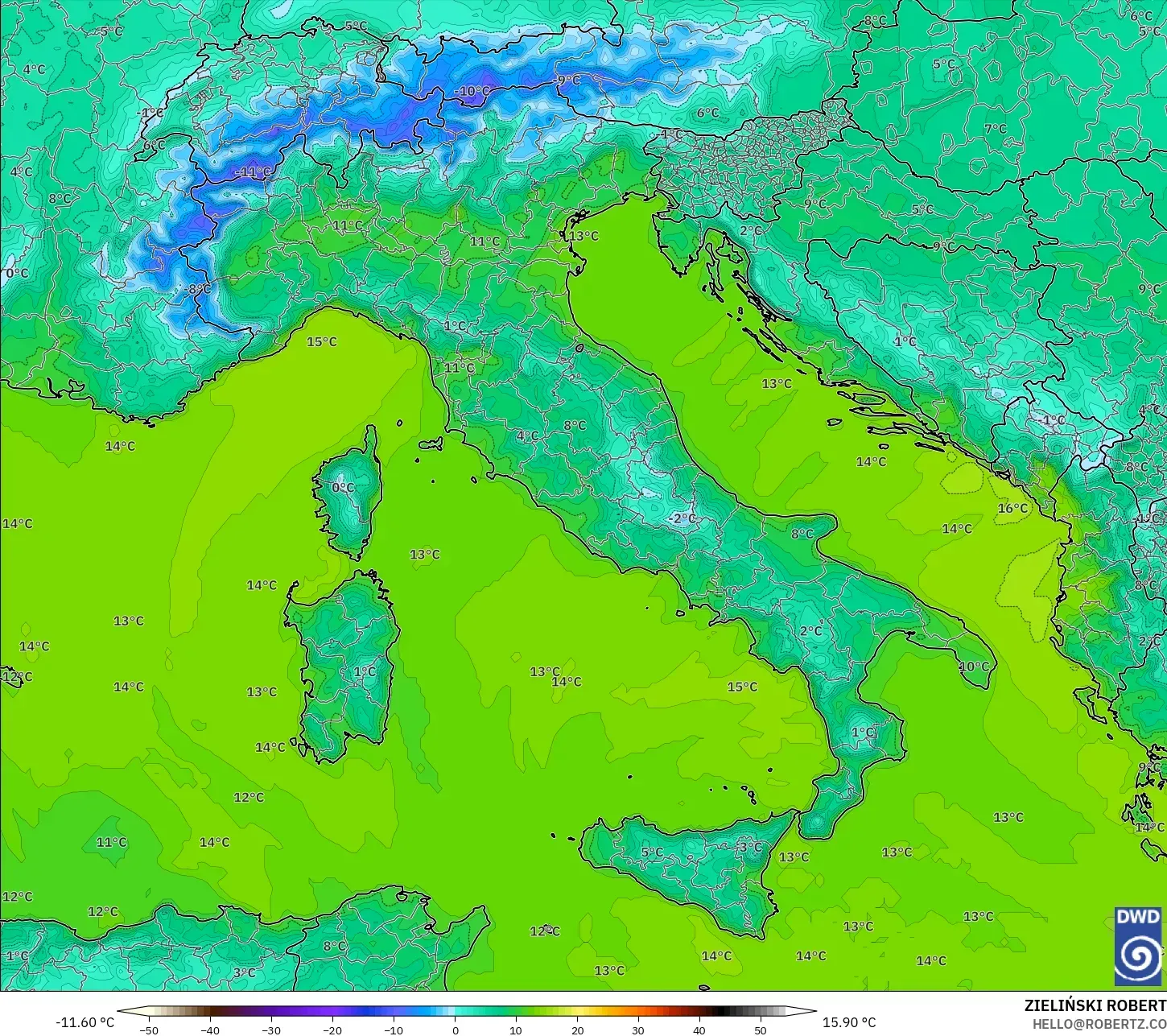 ICON modelo - Italia, Temperatura a 2 m