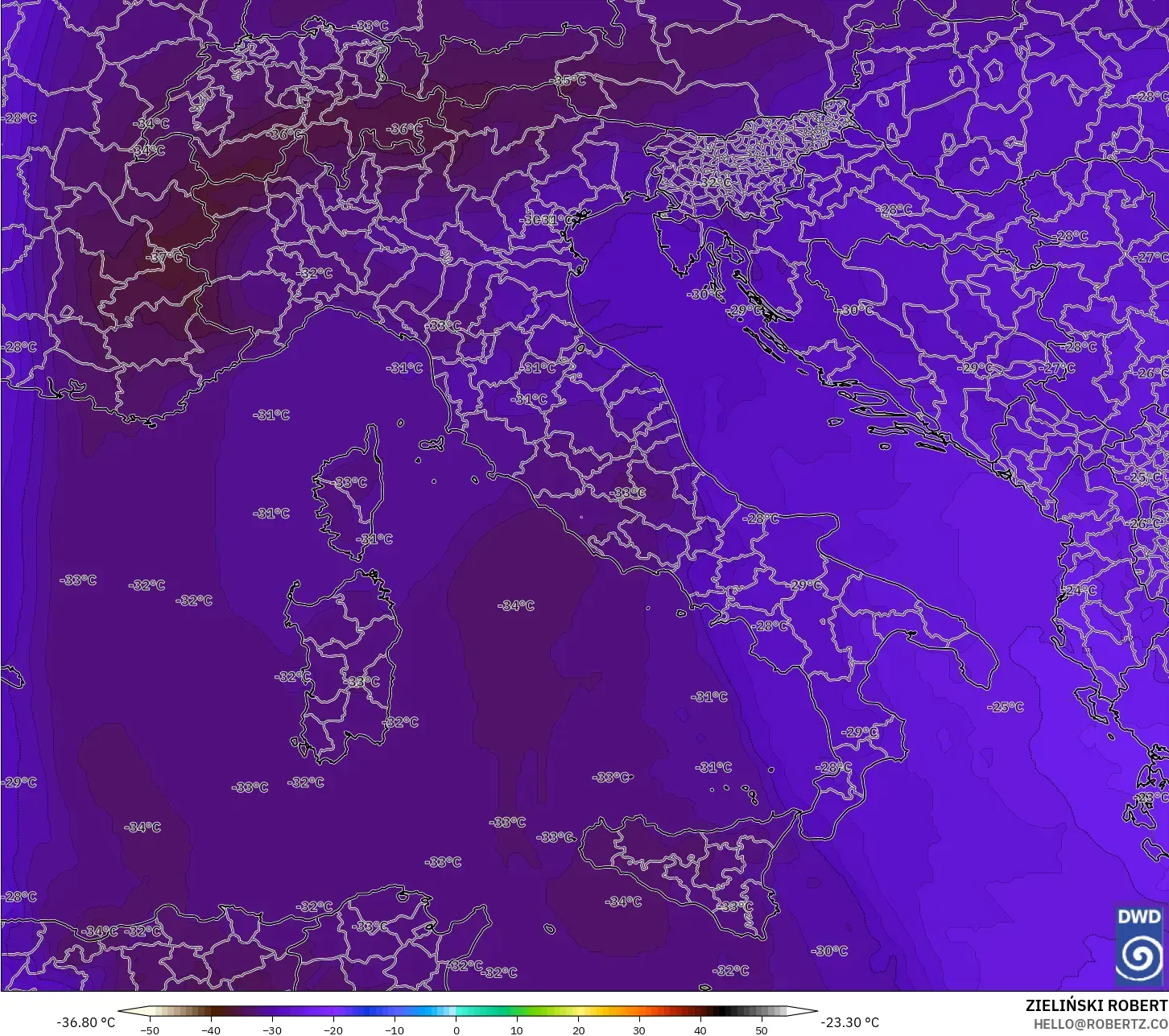 ICON modelo - Italia, Temperatura a 500 hPa
