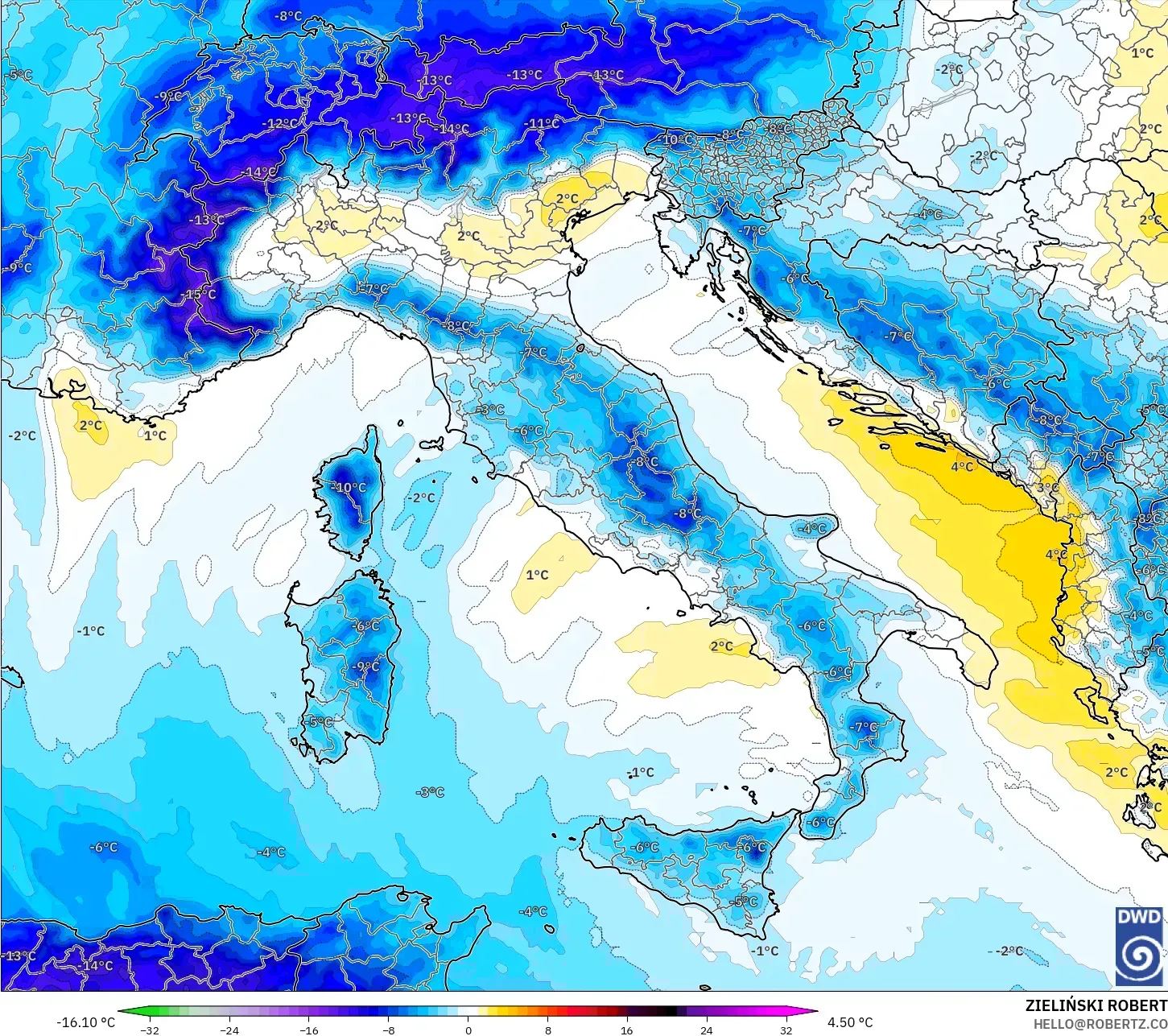 ICON modelo - Italia, Anomalía de temperatura a 850 hPa