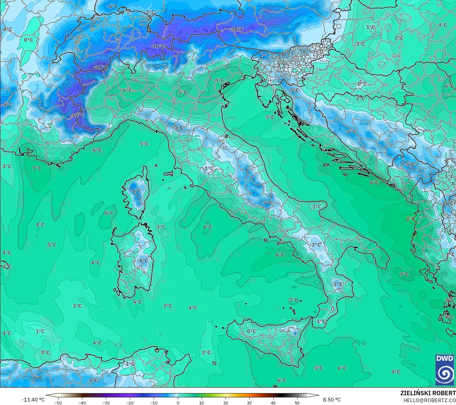 ICON modelo - Italia, Temperatura a 850 hPa