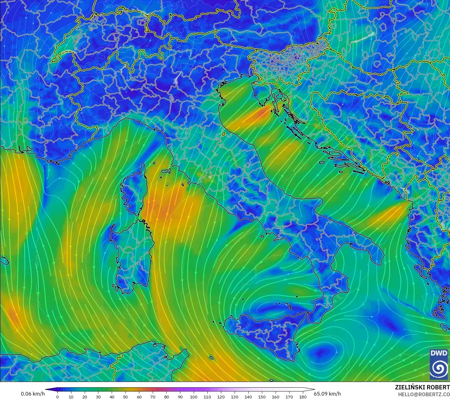 ICON modelo - Italia, Viento a 10 m