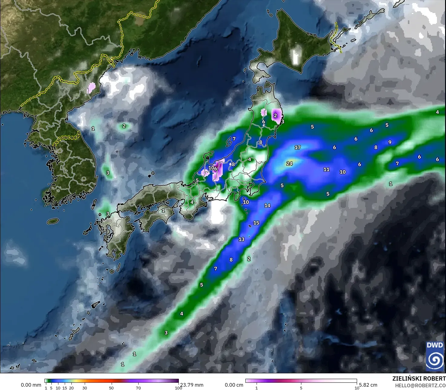 ICON modelo - Japón, Precipitación, nubes y presión