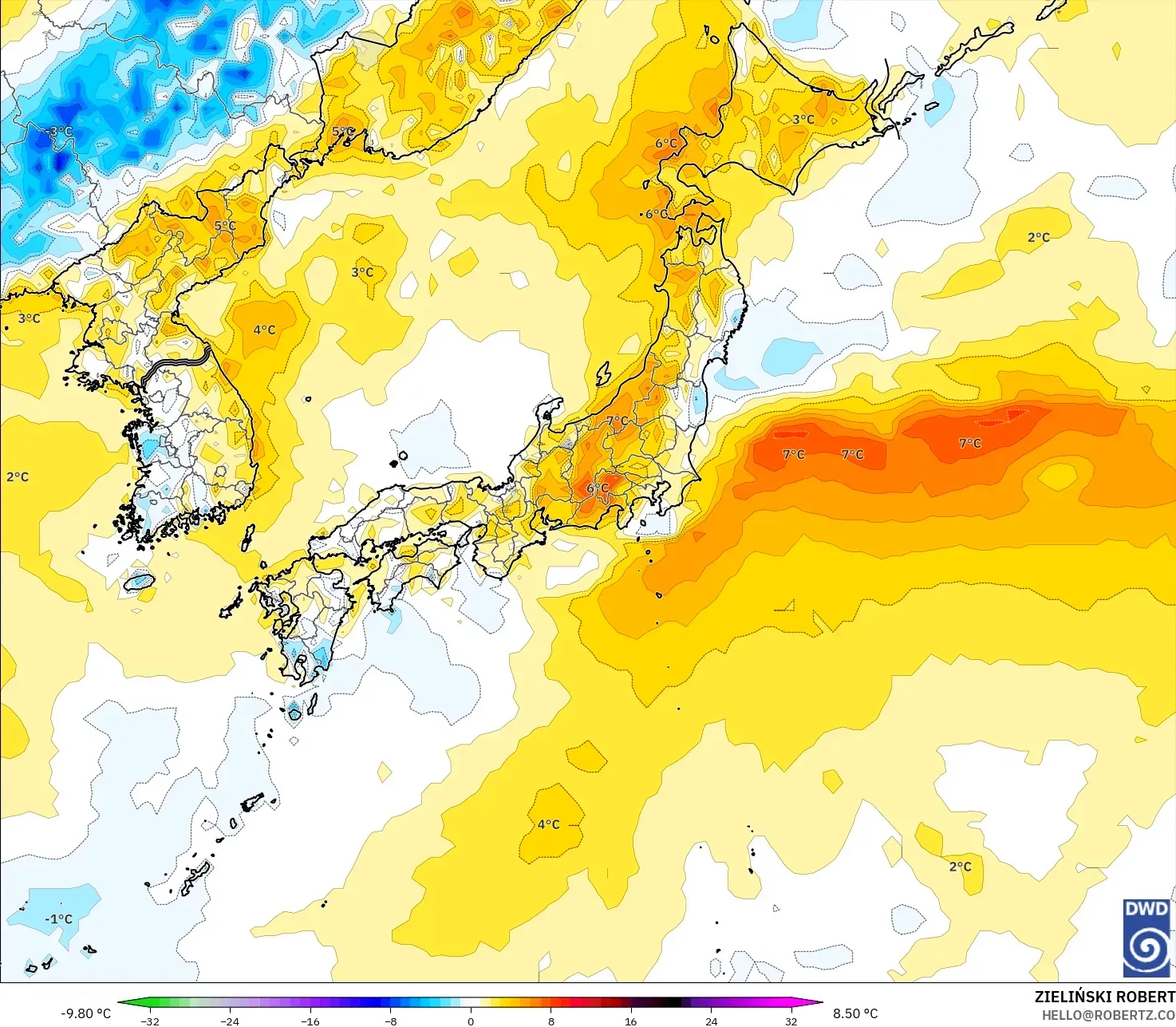 ICON modelo - Japón, Anomalía de temperatura a 2 m