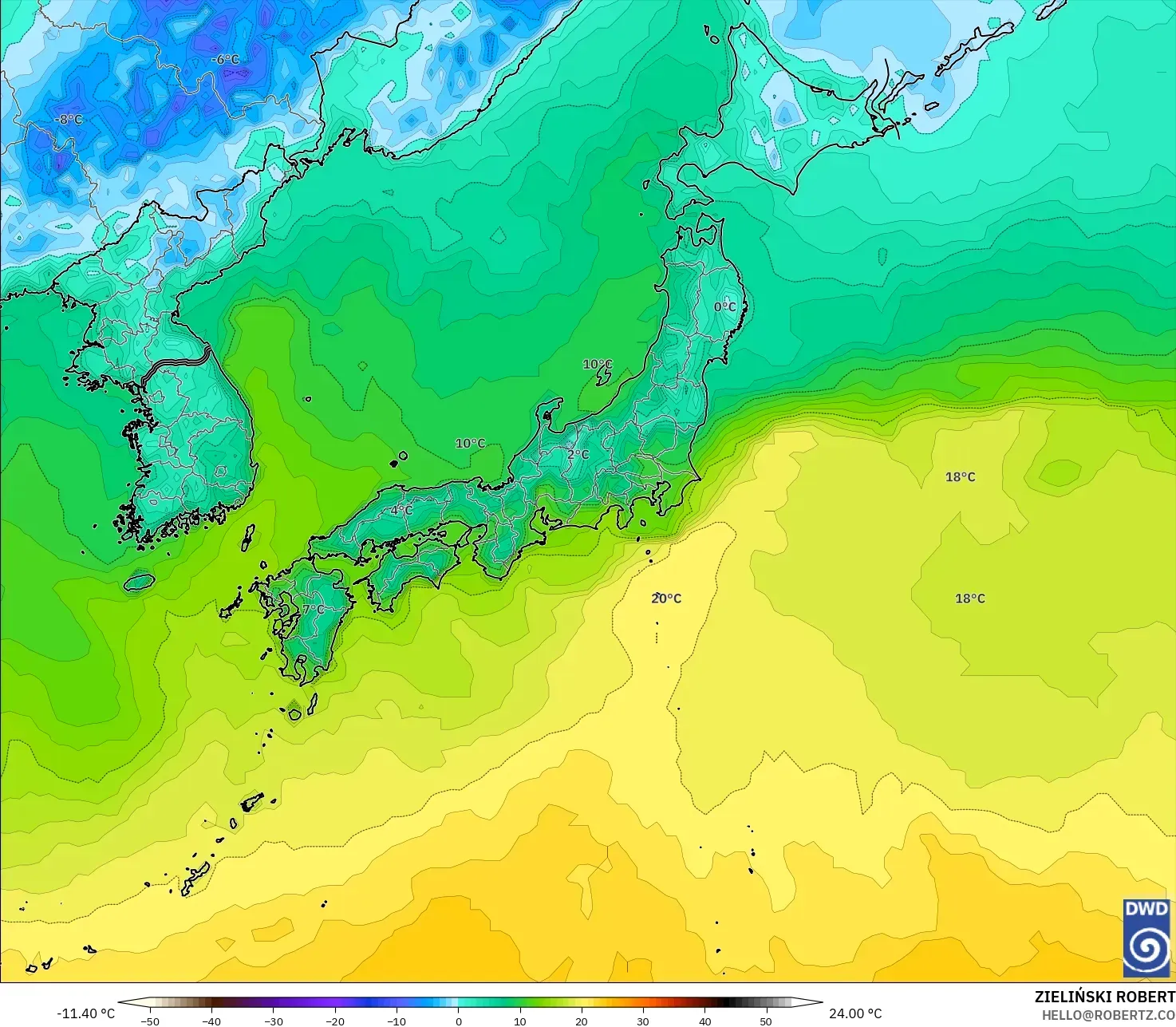 ICON modelo - Japón, Temperatura a 2 m