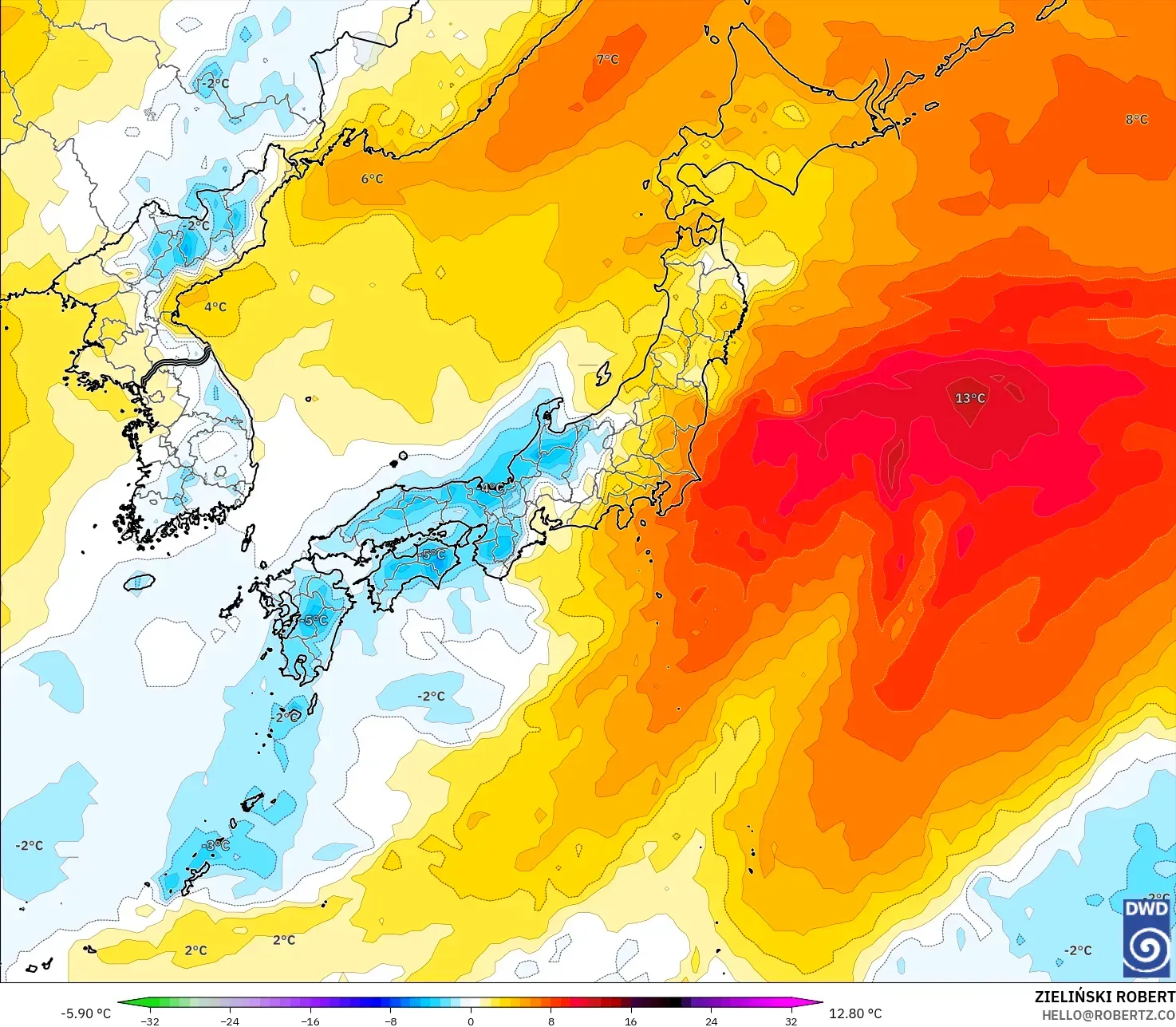 ICON modelo - Japón, Anomalía de temperatura a 850 hPa