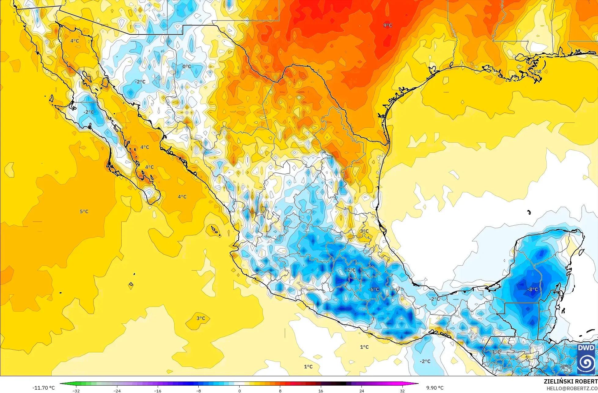 ICON modelo - México, Anomalía de temperatura a 2 m