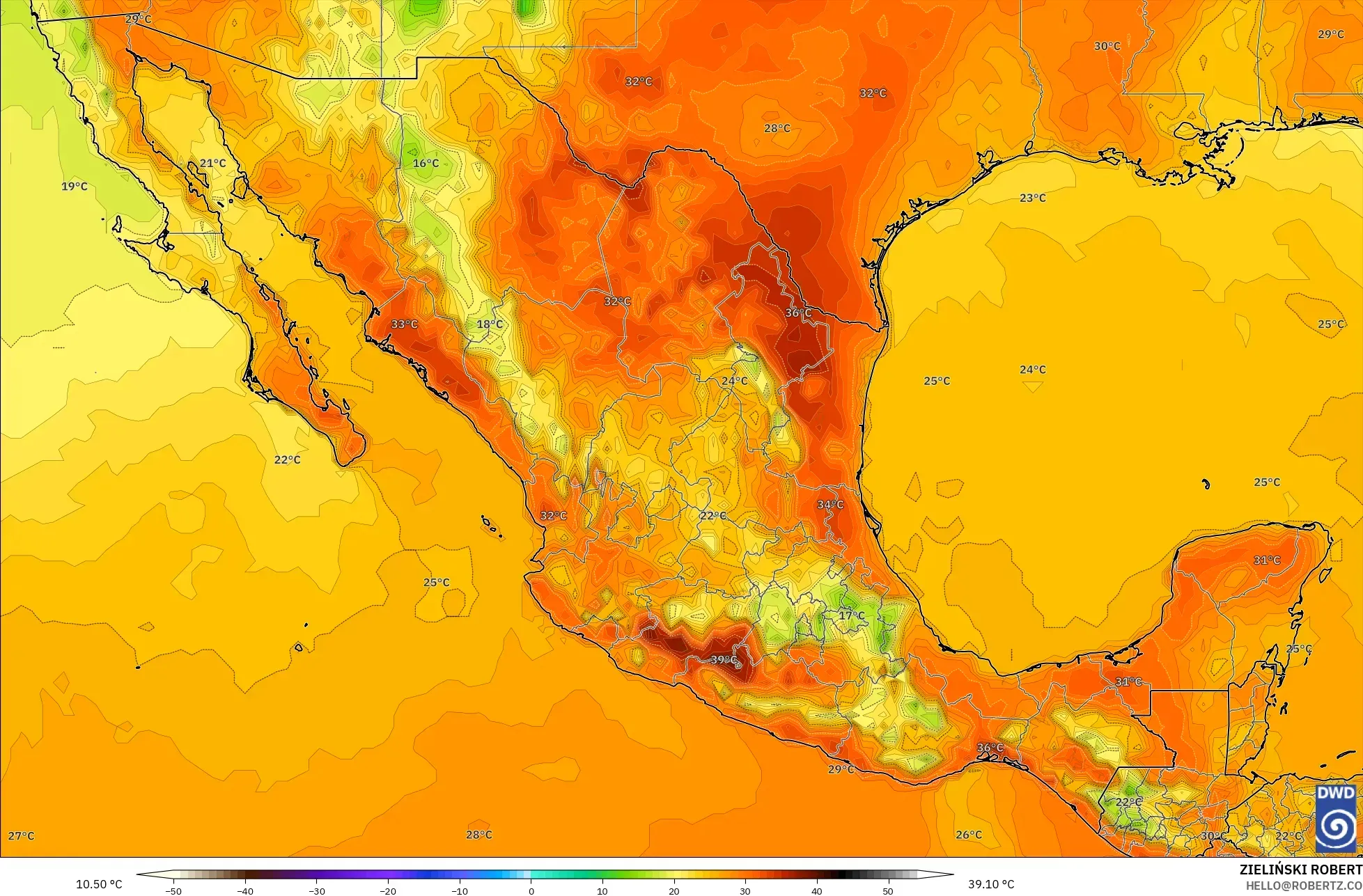 ICON modelo - México, Temperatura a 2 m