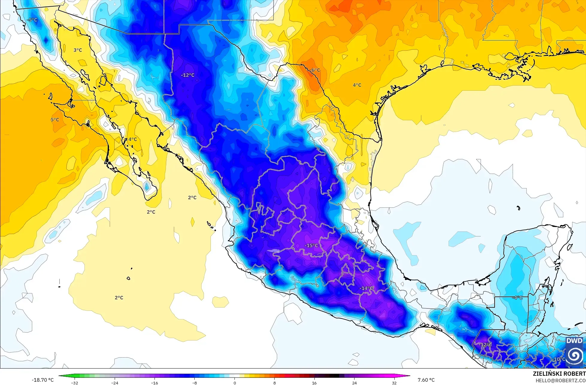 ICON modelo - México, Anomalía de temperatura a 850 hPa