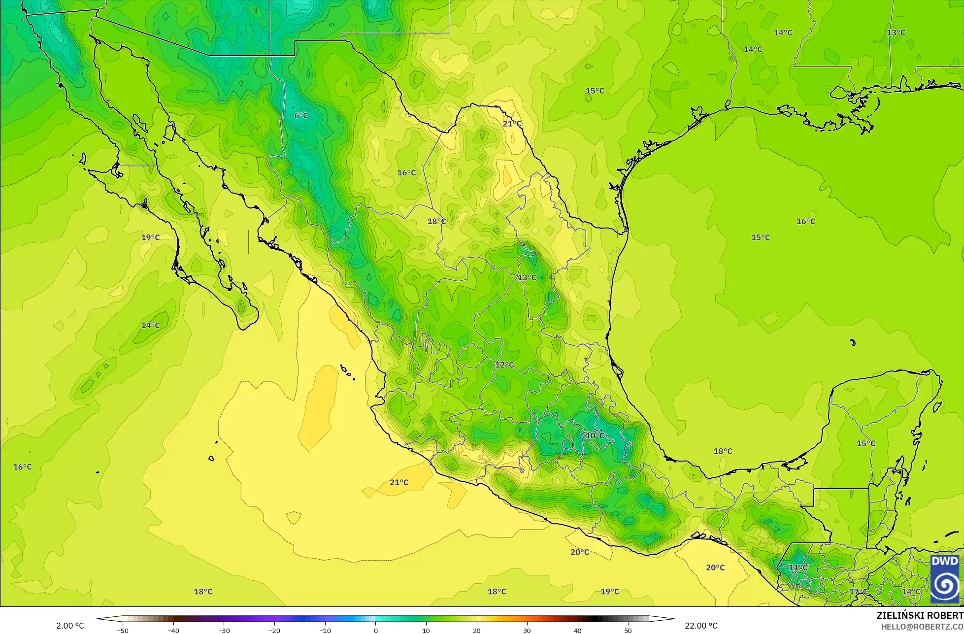 ICON modelo - México, Temperatura a 850 hPa