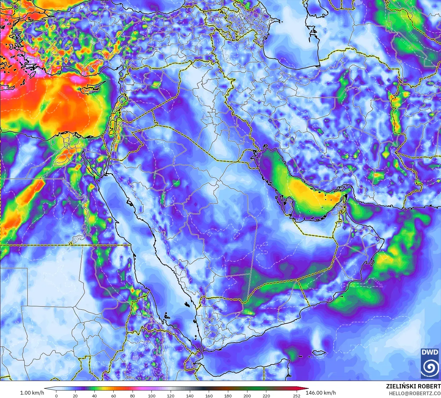 ICON modelo - Oriente Medio, Ráfagas de Viento Máximas