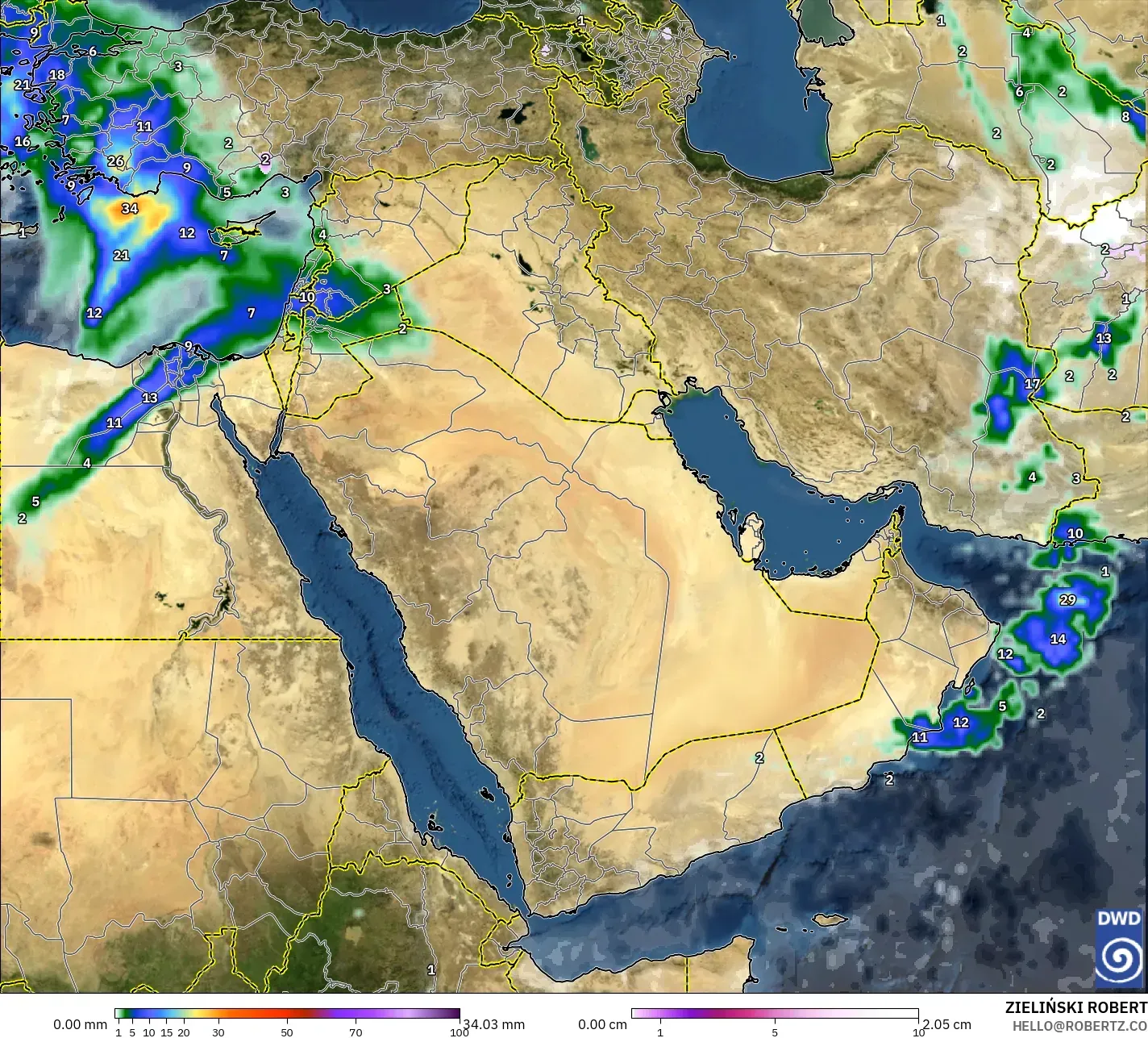 ICON modelo - Oriente Medio, Precipitación, nubes y presión