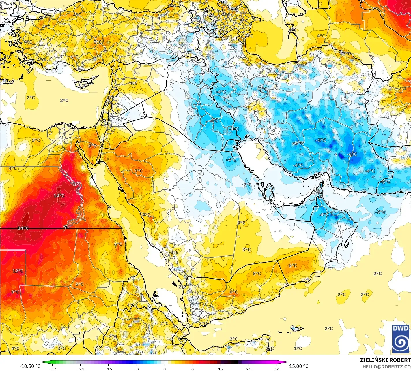 ICON modelo - Oriente Medio, Anomalía de temperatura a 2 m