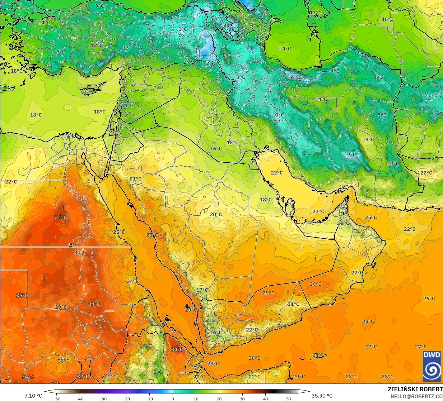 ICON modelo - Oriente Medio, Temperatura a 2 m