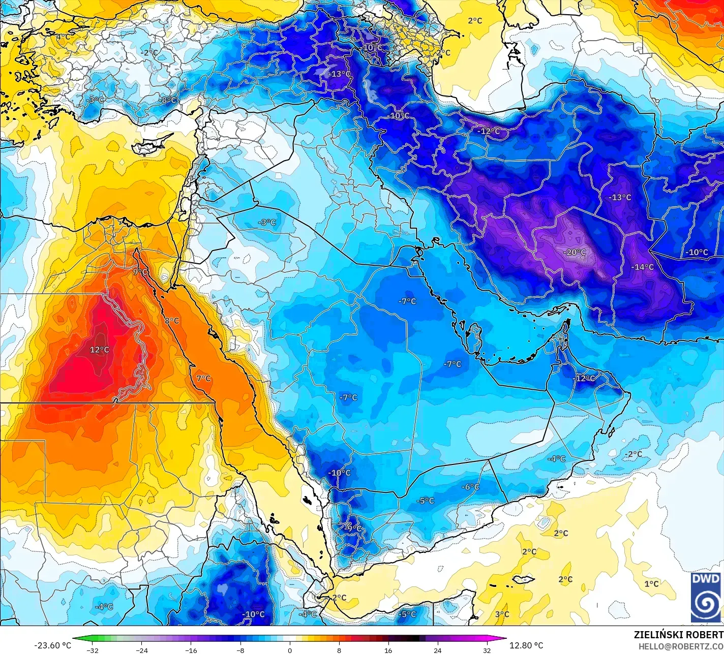 ICON modelo - Oriente Medio, Anomalía de temperatura a 850 hPa