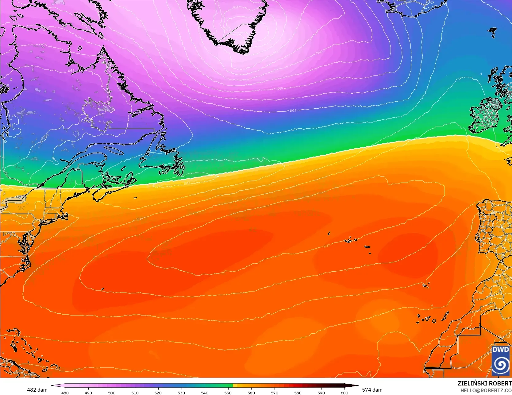 ICON modelo - Norte Atlántico, Altura geopotencial a 500 hPa