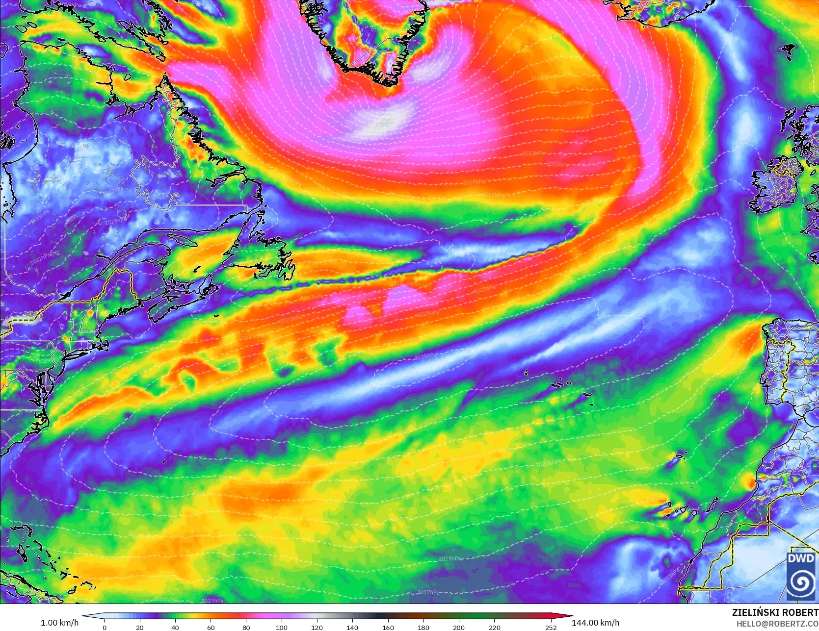 ICON modelo - Norte Atlántico, Ráfagas de viento