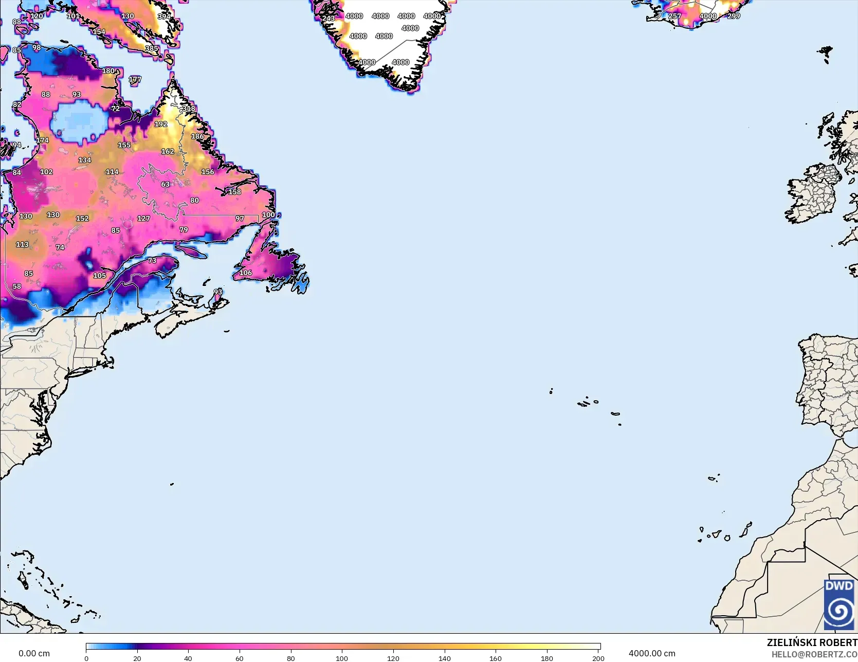 ICON modelo - Norte Atlántico, Profundidad de nieve