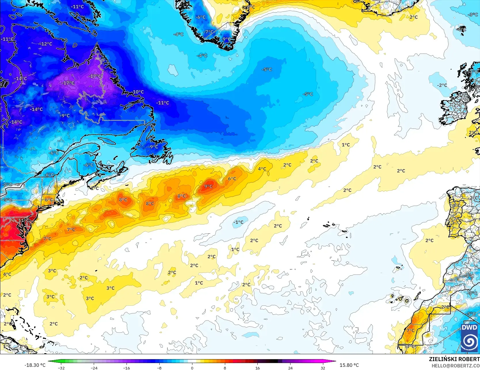 ICON modelo - Norte Atlántico, Anomalía de temperatura a 2 m