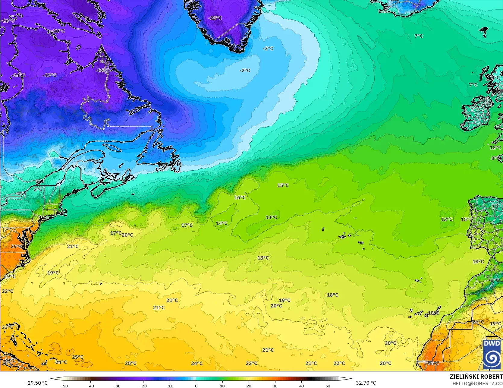 ICON modelo - Norte Atlántico, Temperatura a 2 m