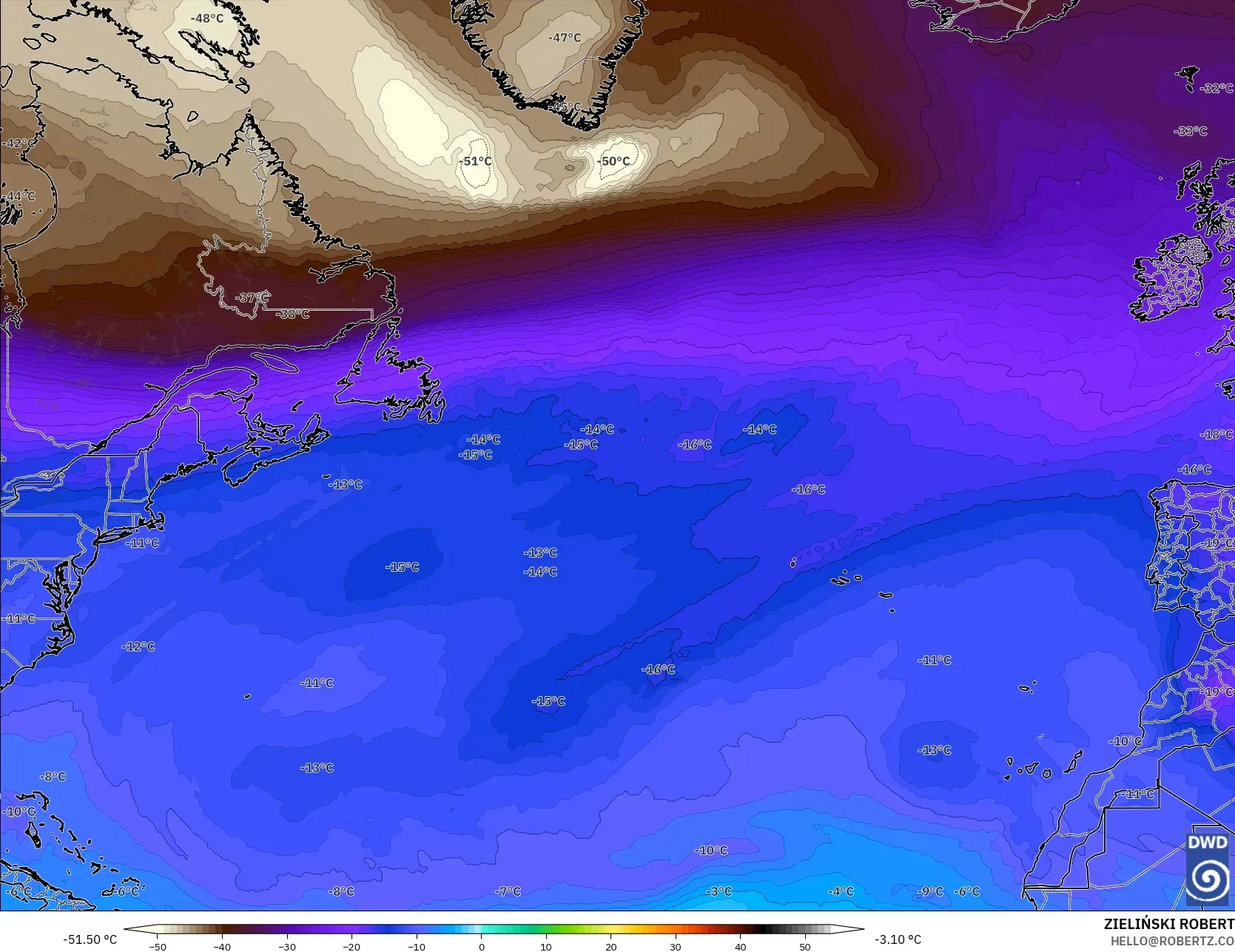 ICON modelo - Norte Atlántico, Temperatura a 500 hPa
