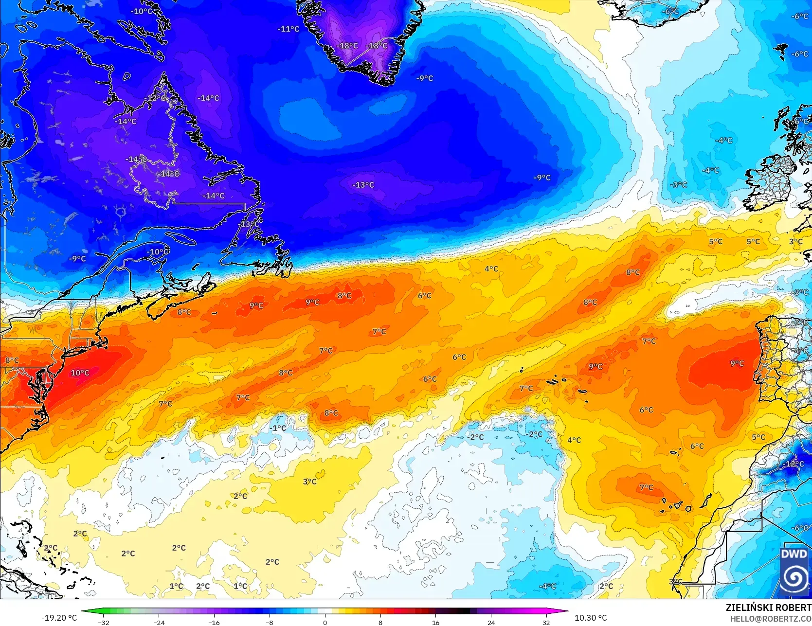 ICON modelo - Norte Atlántico, Anomalía de temperatura a 850 hPa
