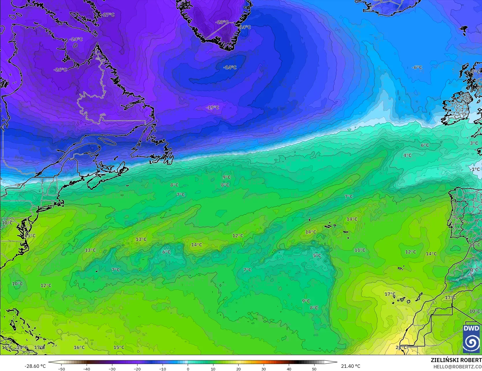 ICON modelo - Norte Atlántico, Temperatura a 850 hPa