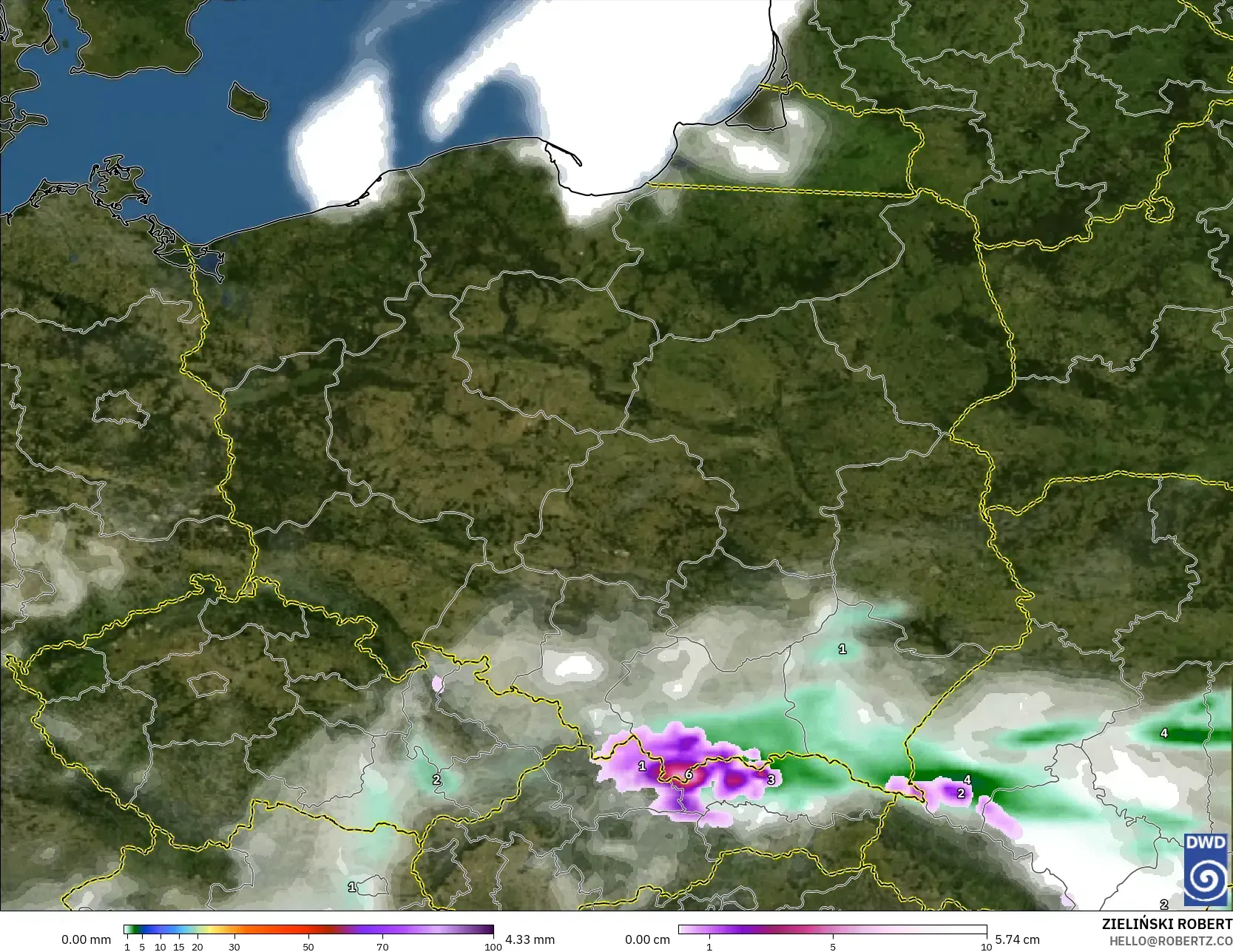 ICON modelo - Polonia, Precipitación, nubes y presión