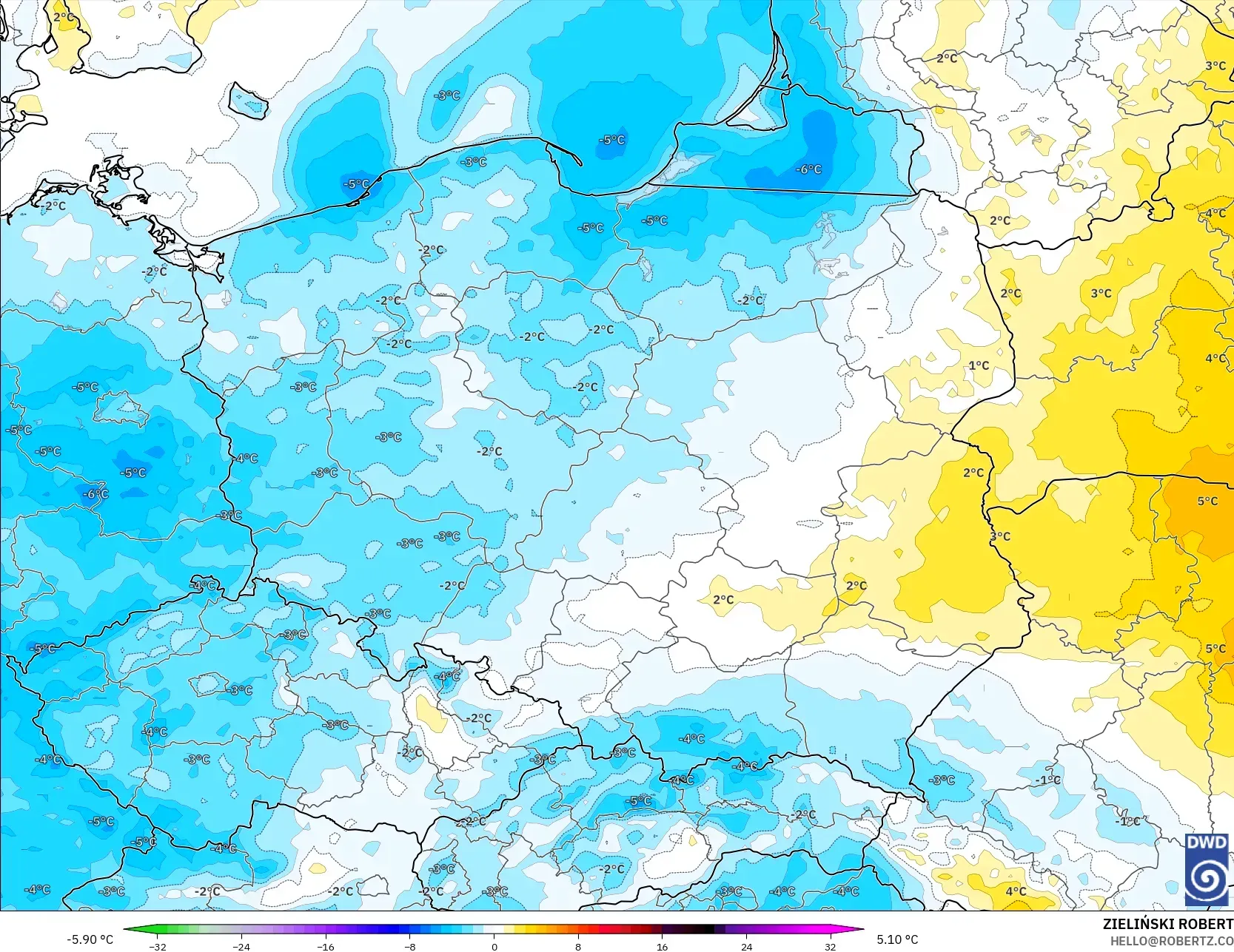 ICON modelo - Polonia, Anomalía de temperatura a 2 m