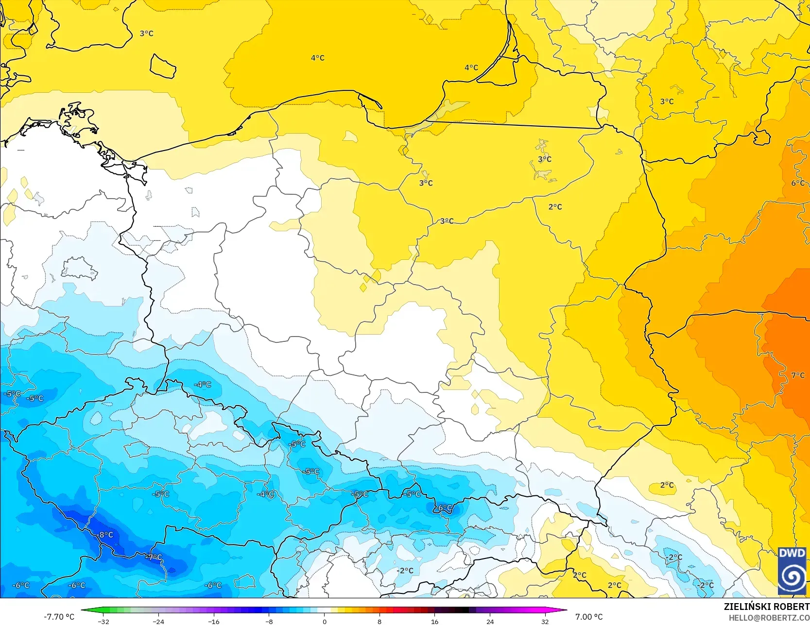 ICON modelo - Polonia, Anomalía de temperatura a 850 hPa