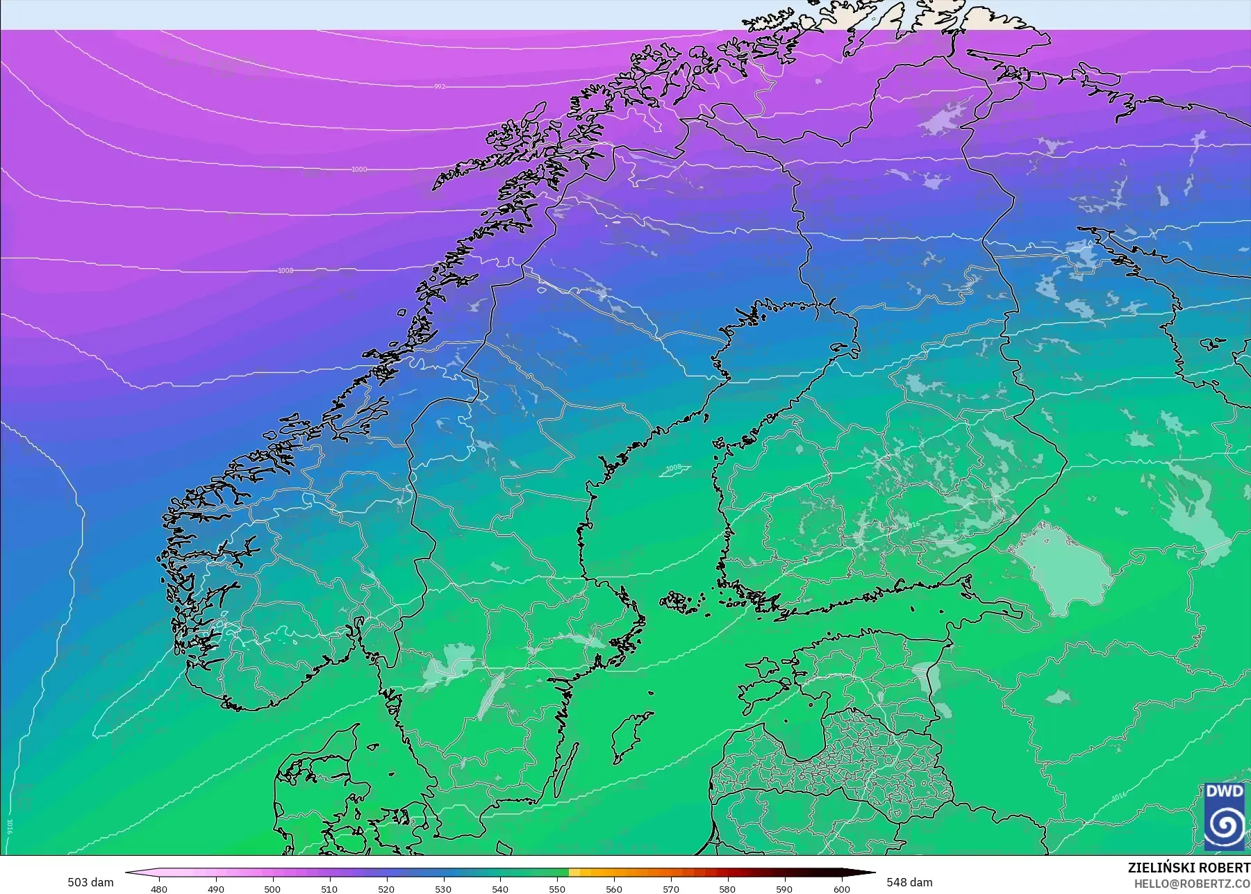ICON modelo - Escandinavia, Altura geopotencial a 500 hPa