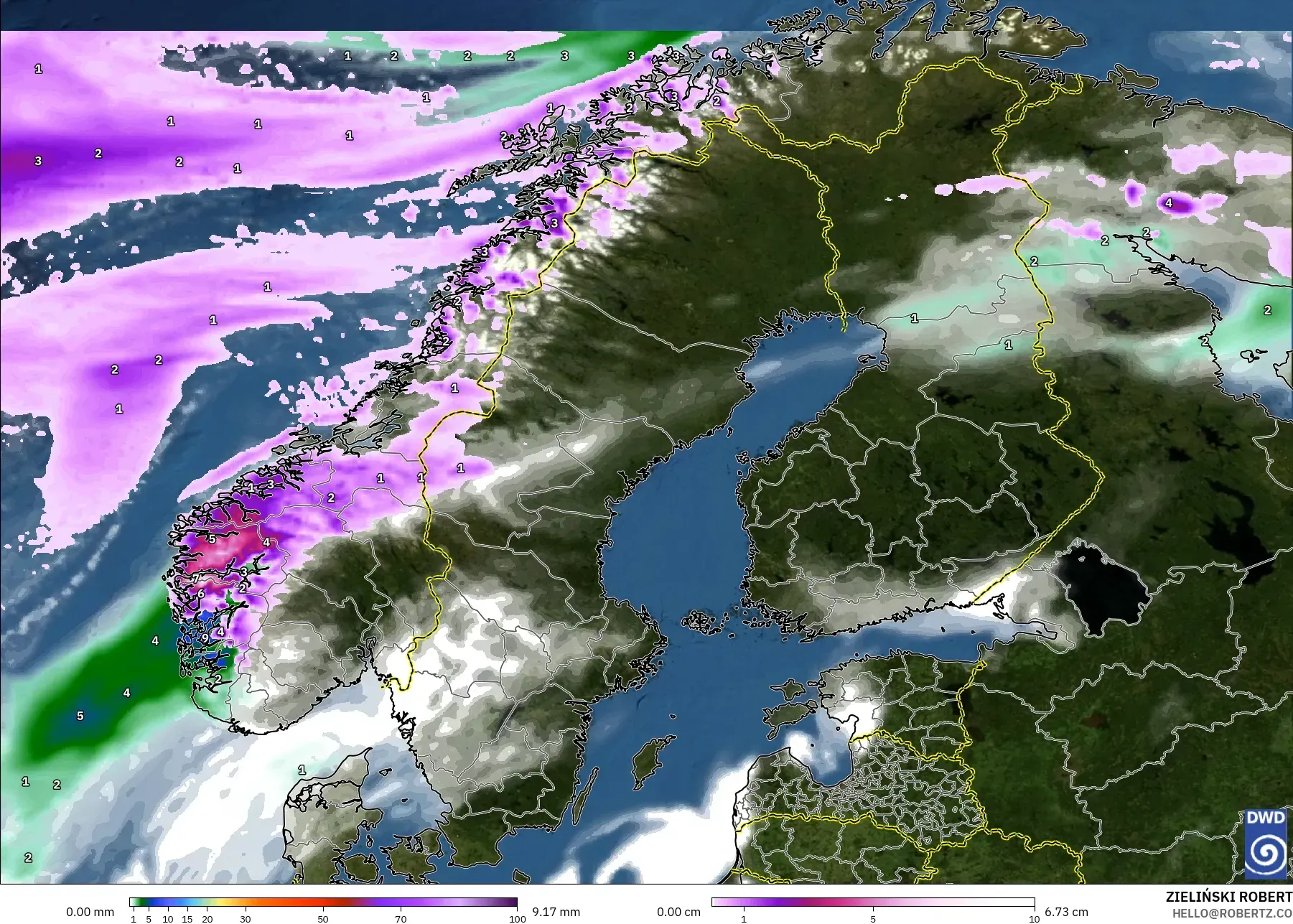 ICON modelo - Escandinavia, Precipitación, nubes y presión