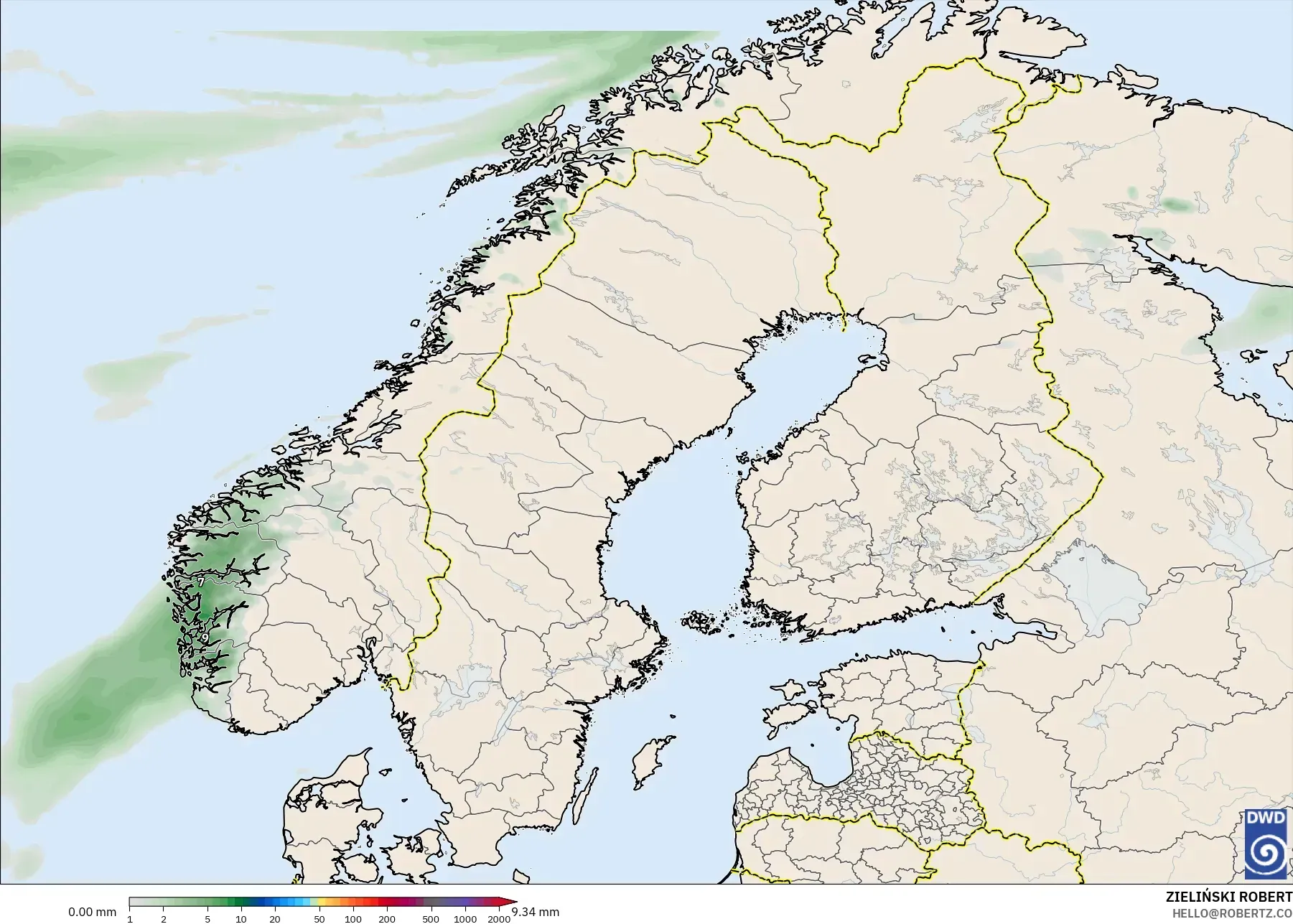 ICON modelo - Escandinavia, Acumulación de precipitación