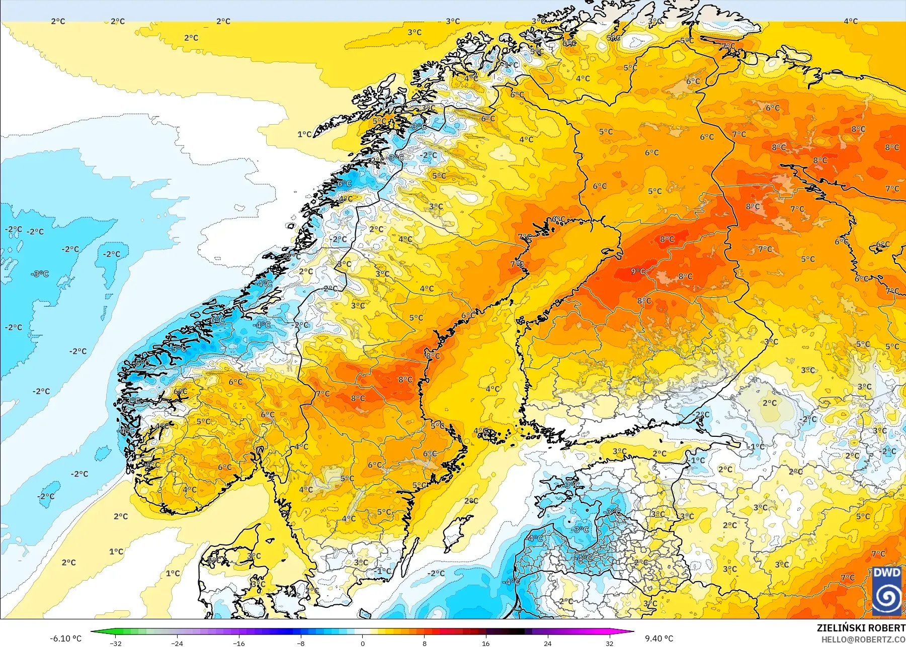 ICON modelo - Escandinavia, Anomalía de temperatura a 2 m