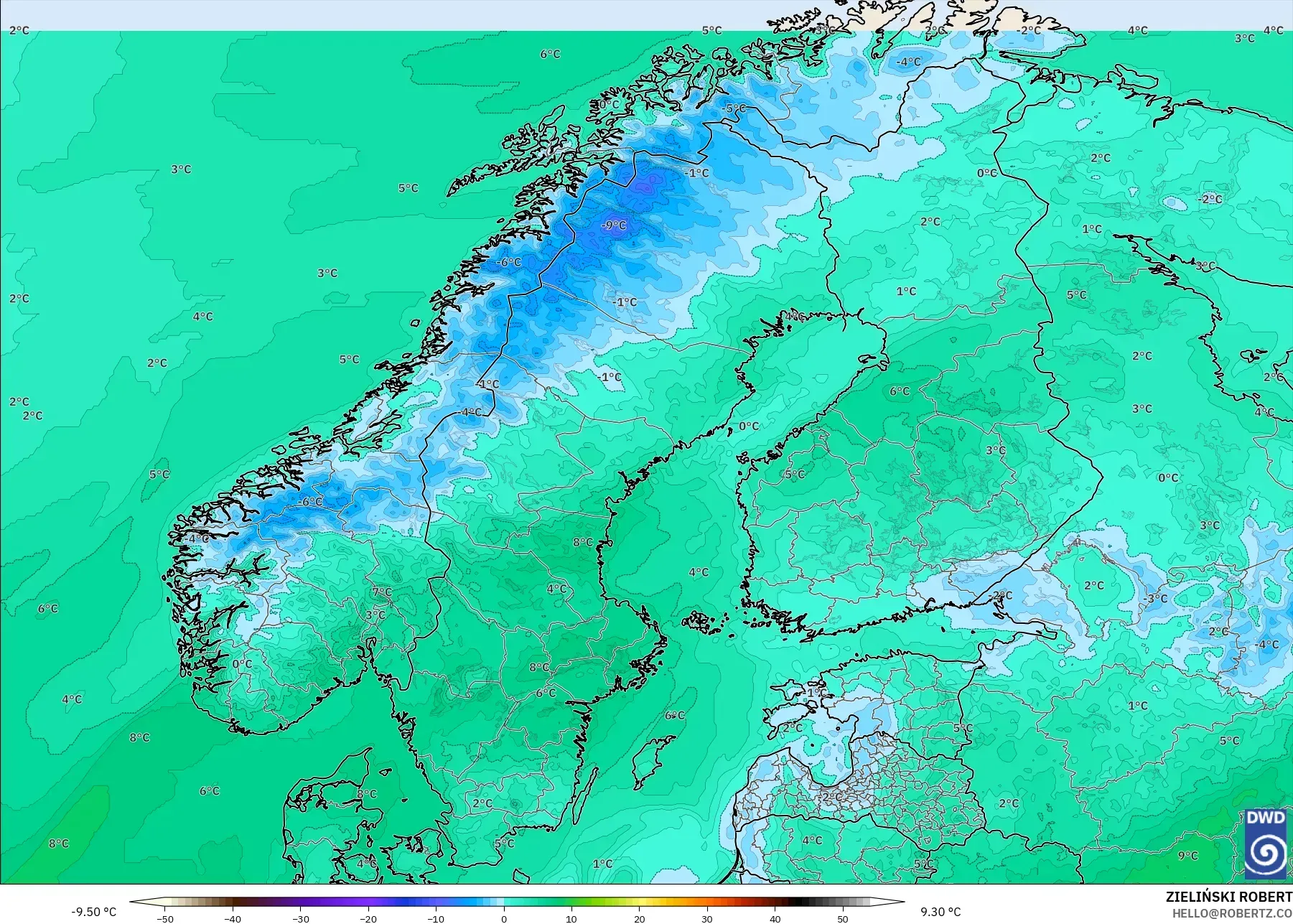 ICON modelo - Escandinavia, Temperatura a 2 m
