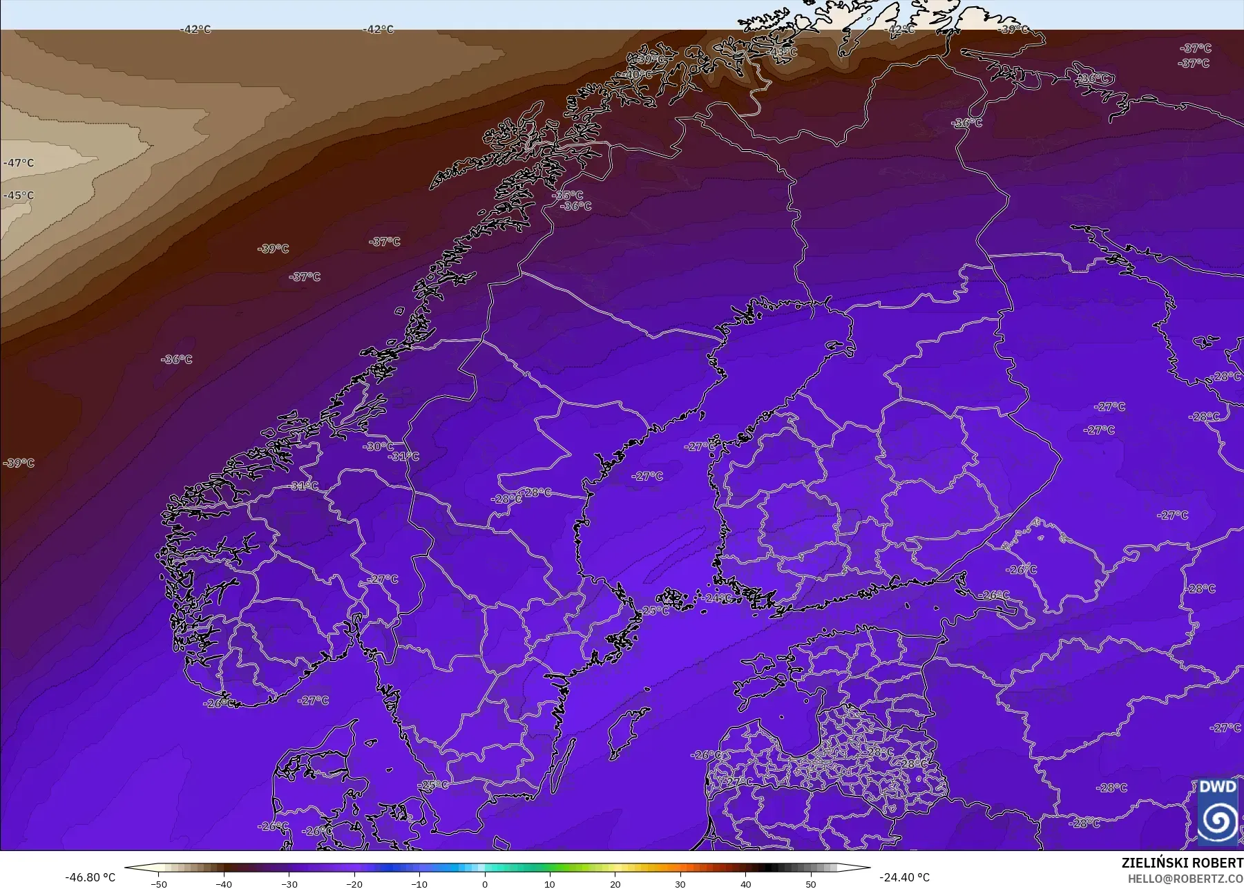 ICON modelo - Escandinavia, Temperatura a 500 hPa