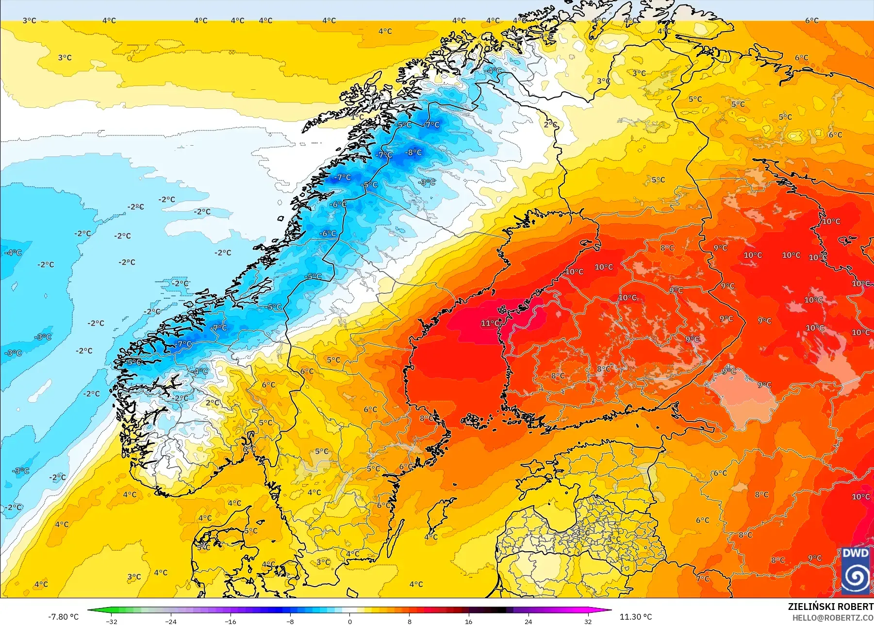 ICON modelo - Escandinavia, Anomalía de temperatura a 850 hPa