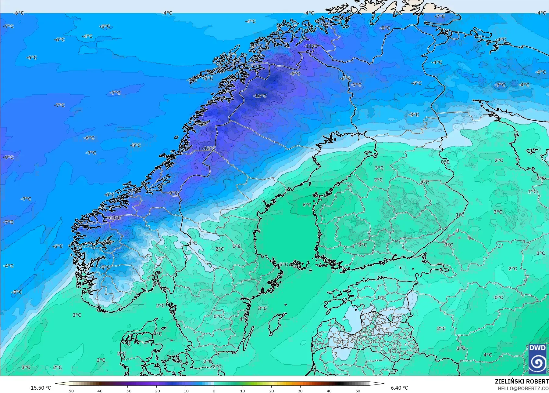 ICON modelo - Escandinavia, Temperatura a 850 hPa
