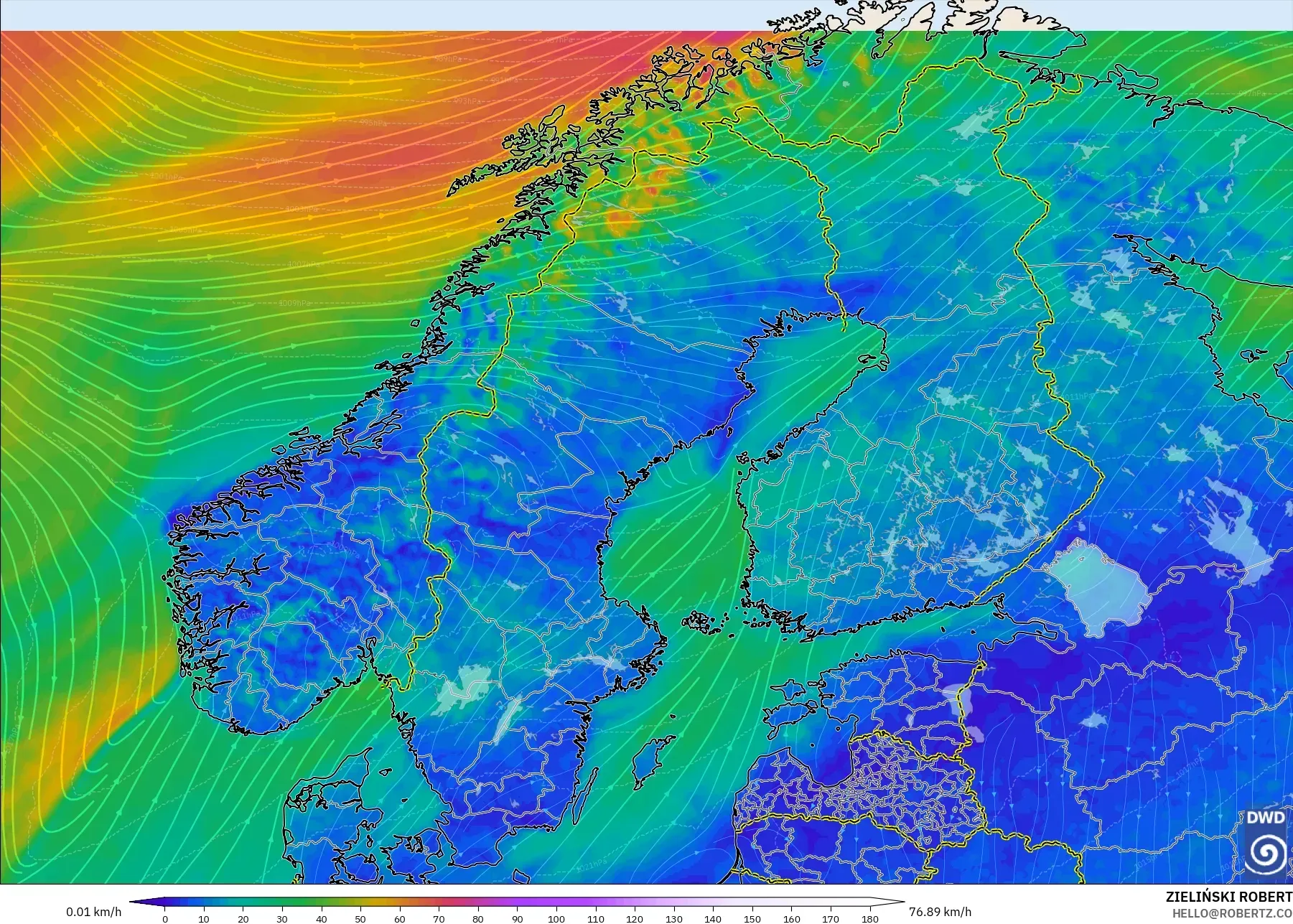 ICON modelo - Escandinavia, Viento a 10 m