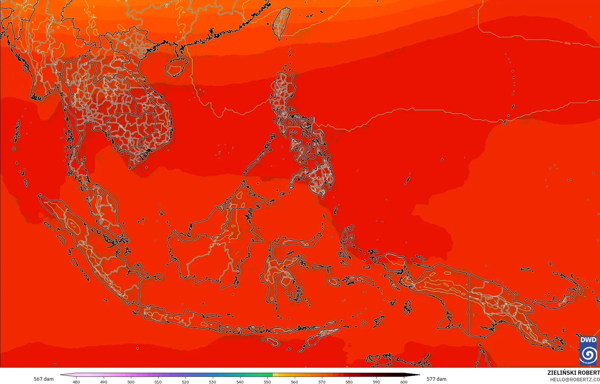 ICON modelo - Sudeste Asiático, Altura geopotencial a 500 hPa
