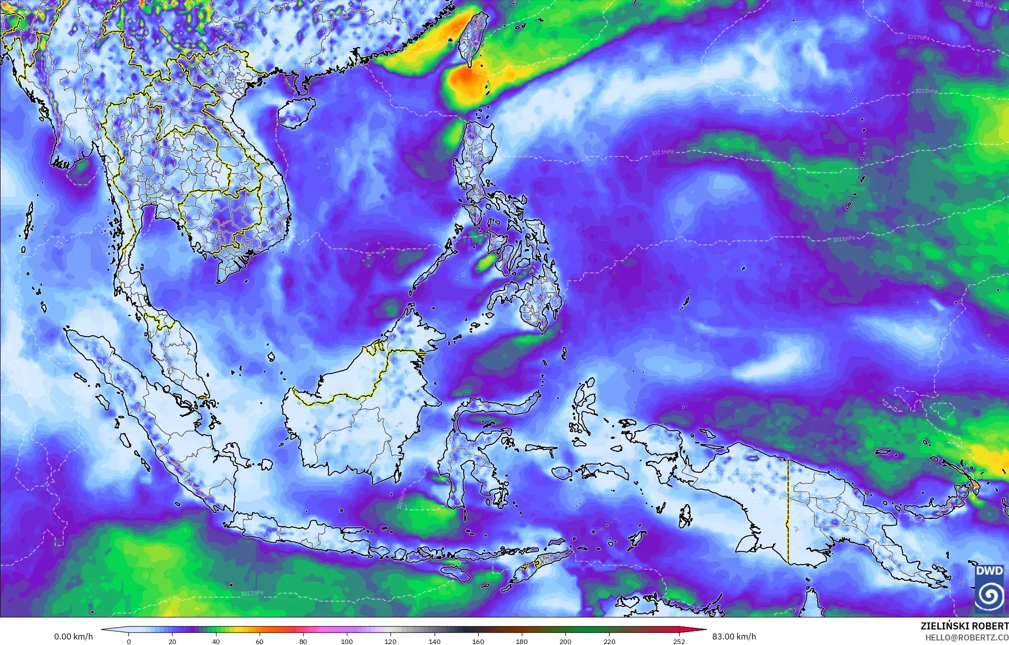ICON modelo - Sudeste Asiático, Ráfagas de viento