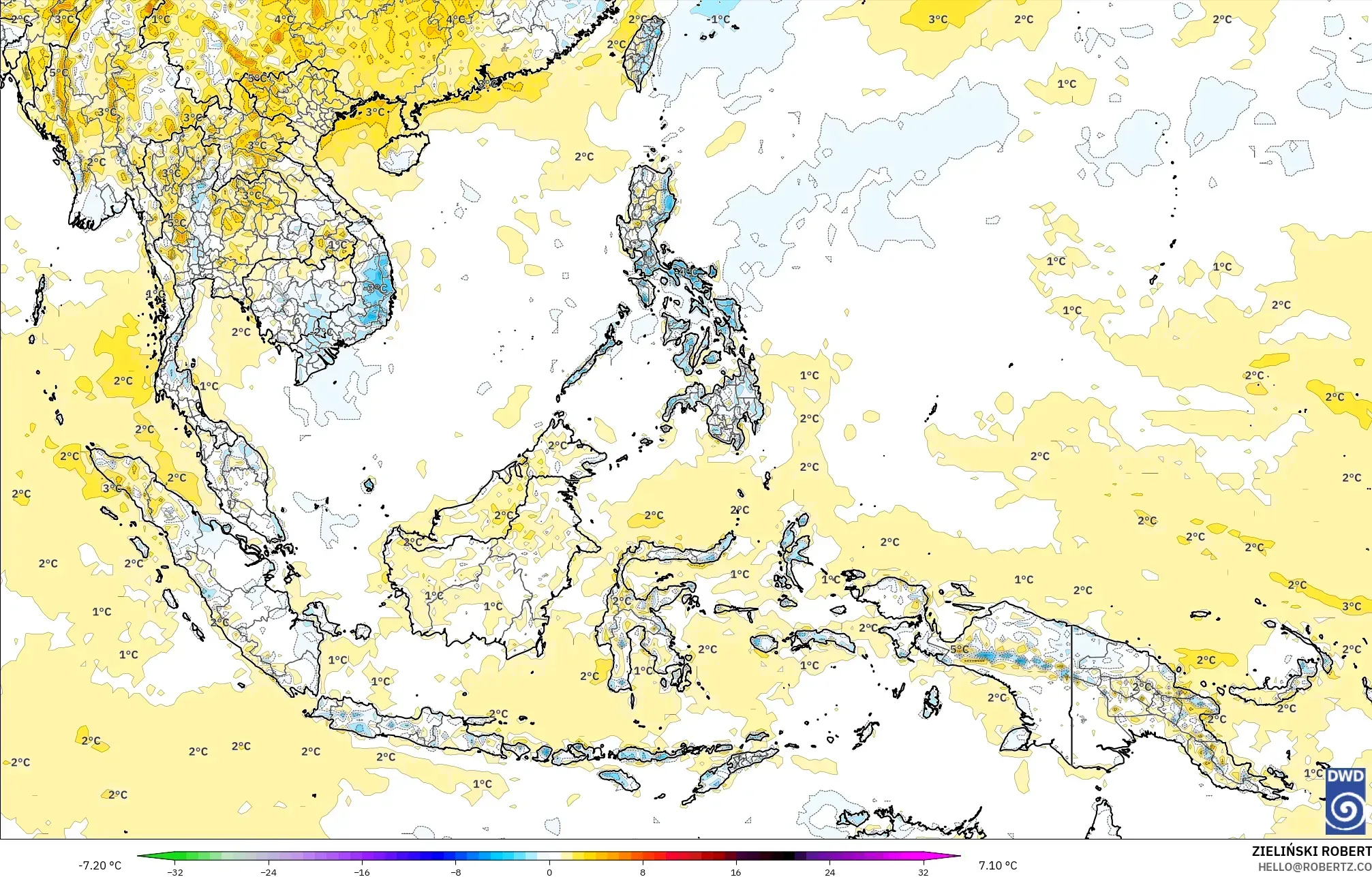 ICON modelo - Sudeste Asiático, Anomalía de temperatura a 2 m