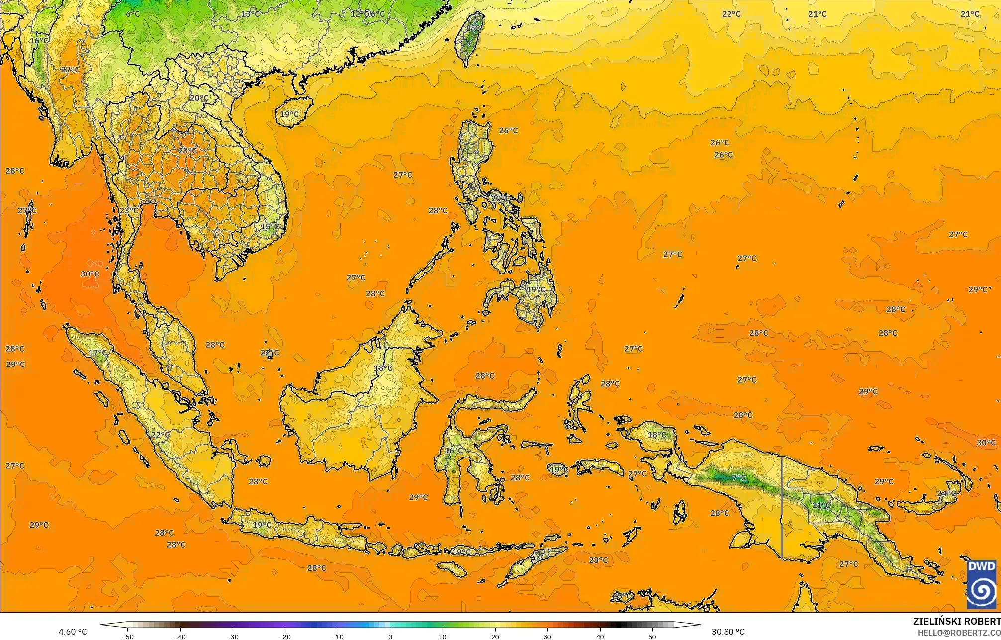 ICON modelo - Sudeste Asiático, Temperatura a 2 m