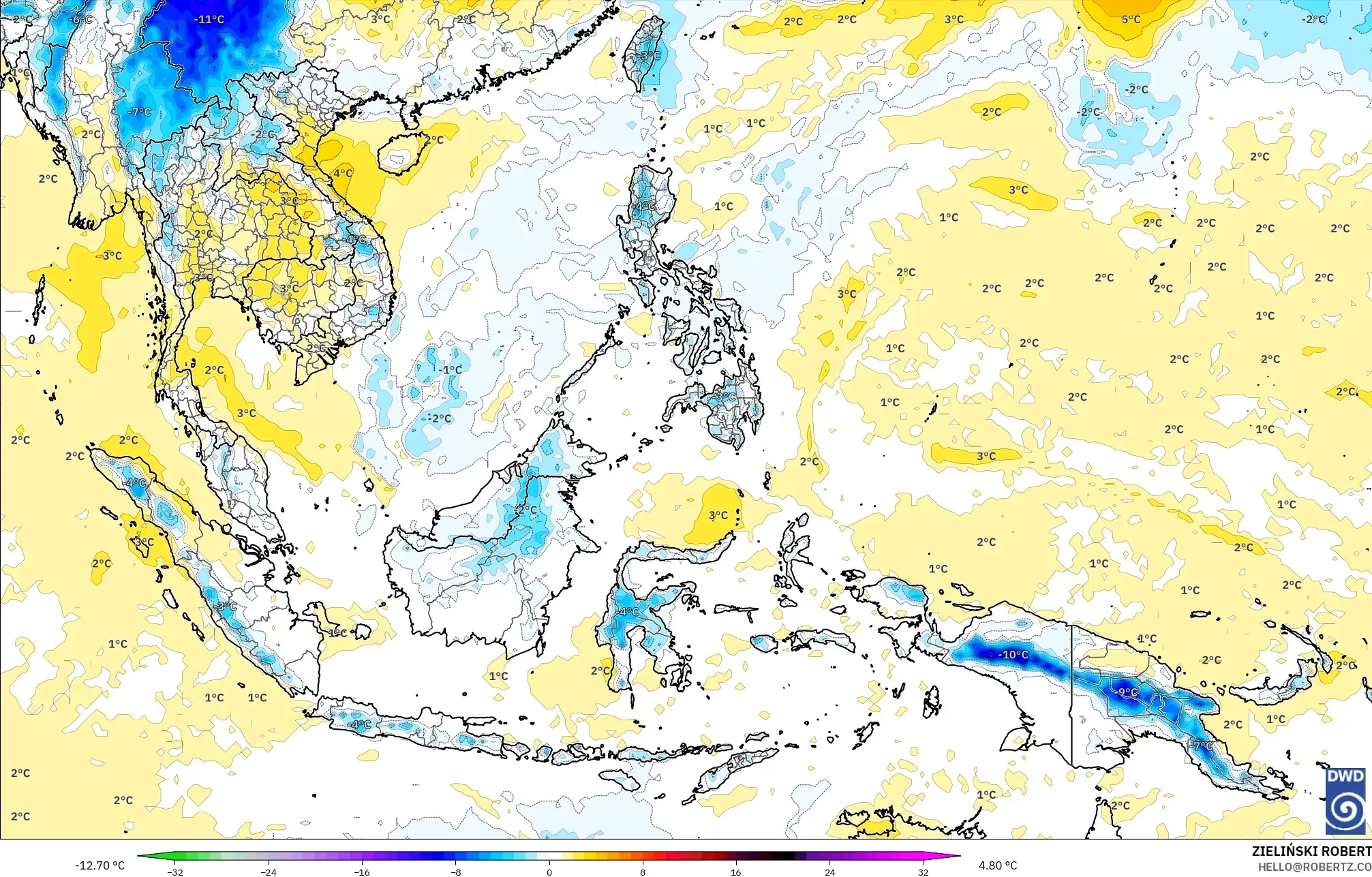 ICON modelo - Sudeste Asiático, Anomalía de temperatura a 850 hPa