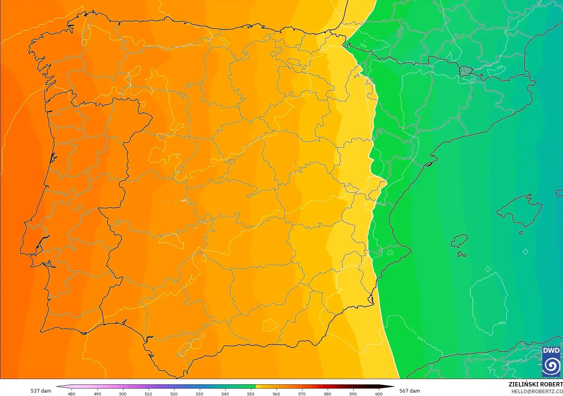 ICON modelo - España, Altura geopotencial a 500 hPa